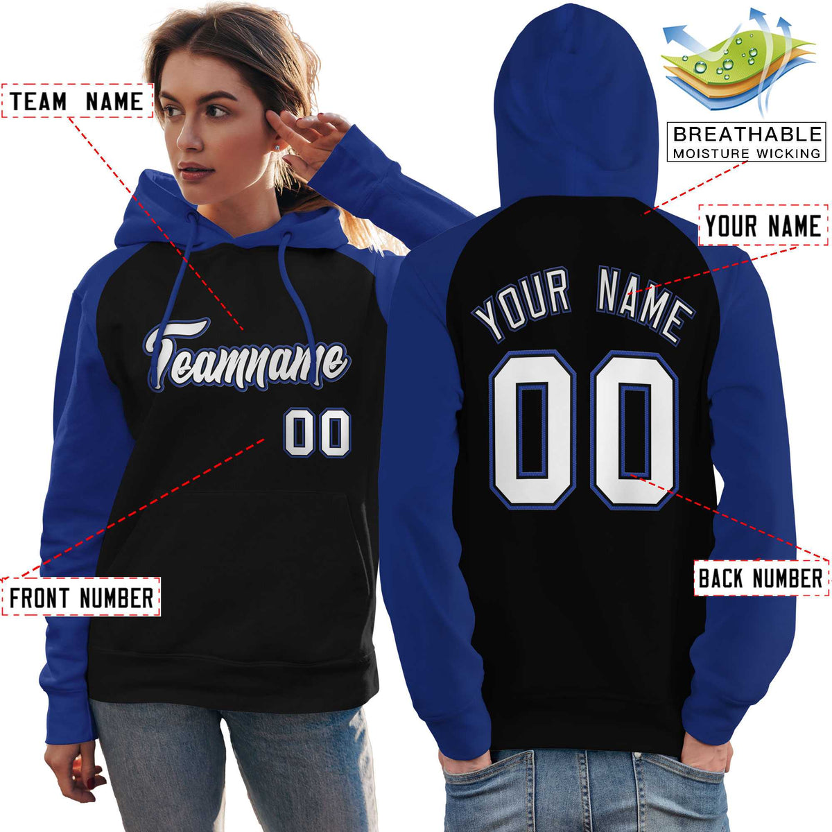 Custom Stitched Black Royal-White Raglan Sleeves Sports Pullover Sweatshirt Hoodie For Women| KXKSHOP