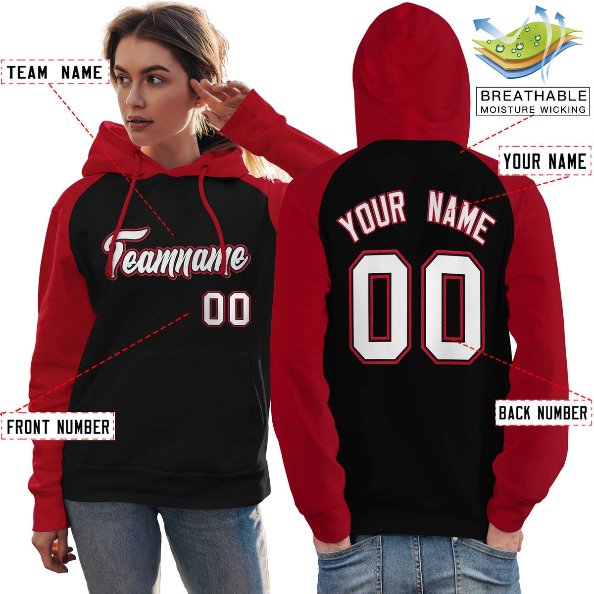 Custom Stitched Black Red-White Raglan Sleeves Sports Pullover Sweatshirt Hoodie For Women| KXKSHOP