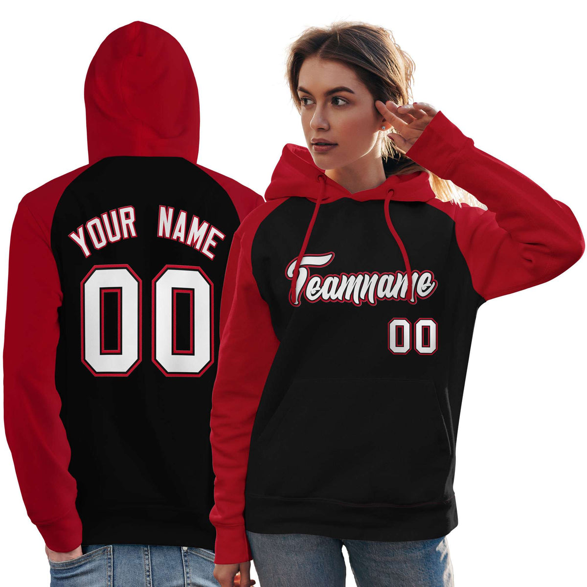Custom Stitched Black Red-White Raglan Sleeves Sports Pullover Sweatshirt Hoodie For Women| KXKSHOP