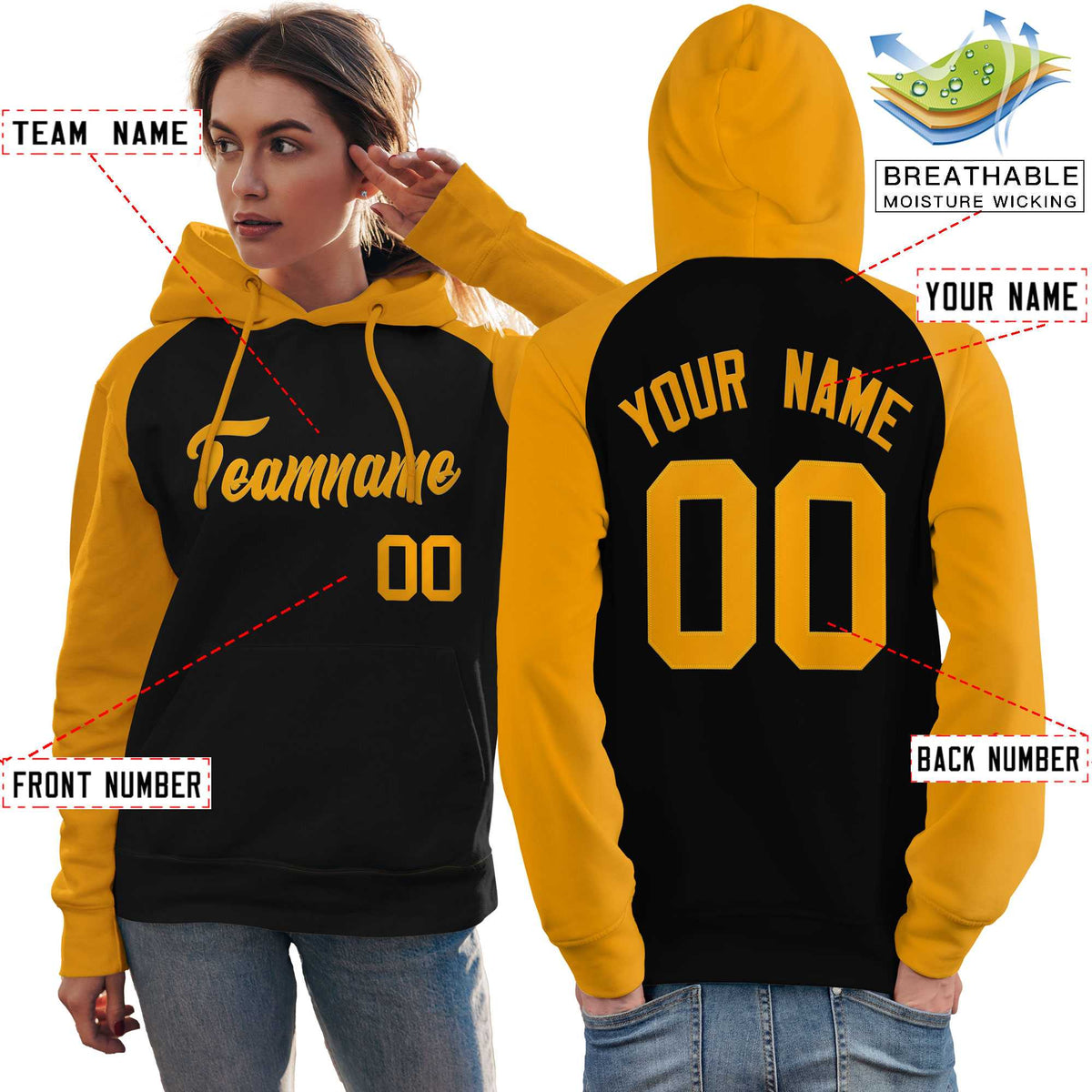 Custom Stitched Black Gold Raglan Sleeves Sports Pullover Sweatshirt Hoodie For Women| KXKSHOP