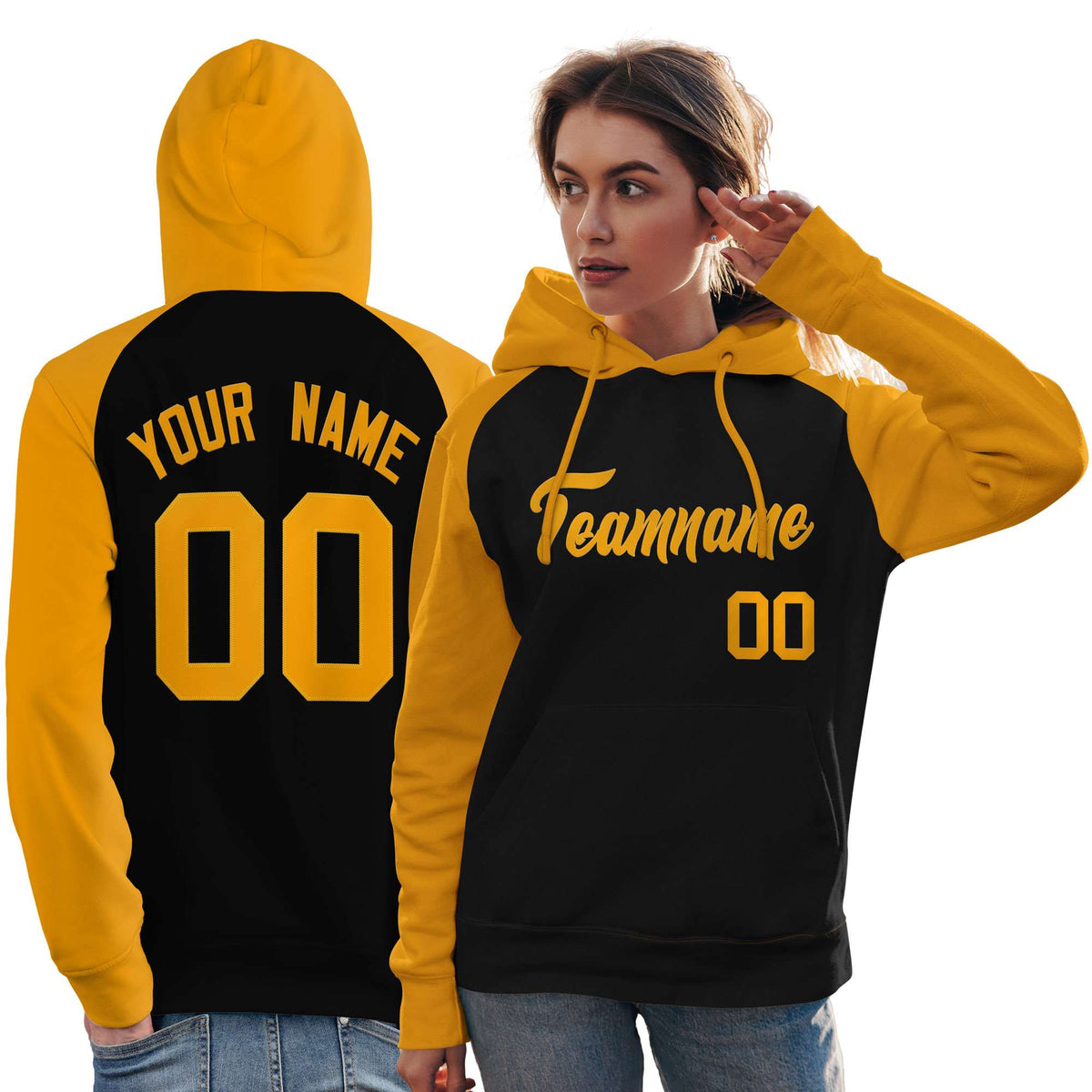 Custom Stitched Black Gold Raglan Sleeves Sports Pullover Sweatshirt Hoodie For Women| KXKSHOP