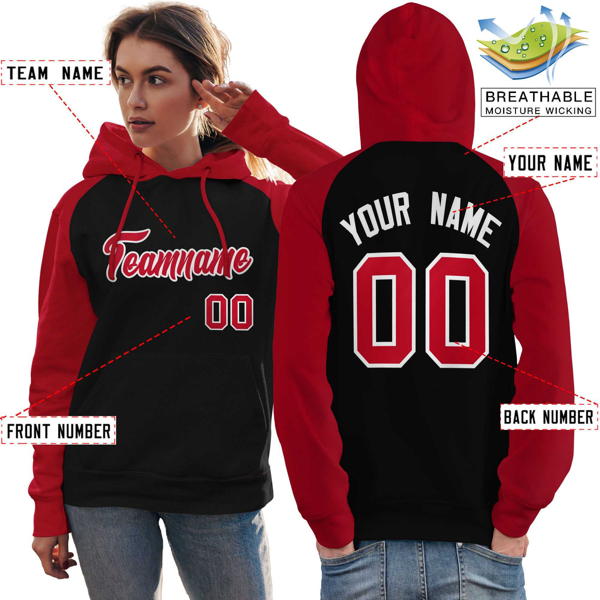Custom Stitched Black Red Raglan Sleeves Sports Pullover Sweatshirt Hoodie For Women| KXKSHOP