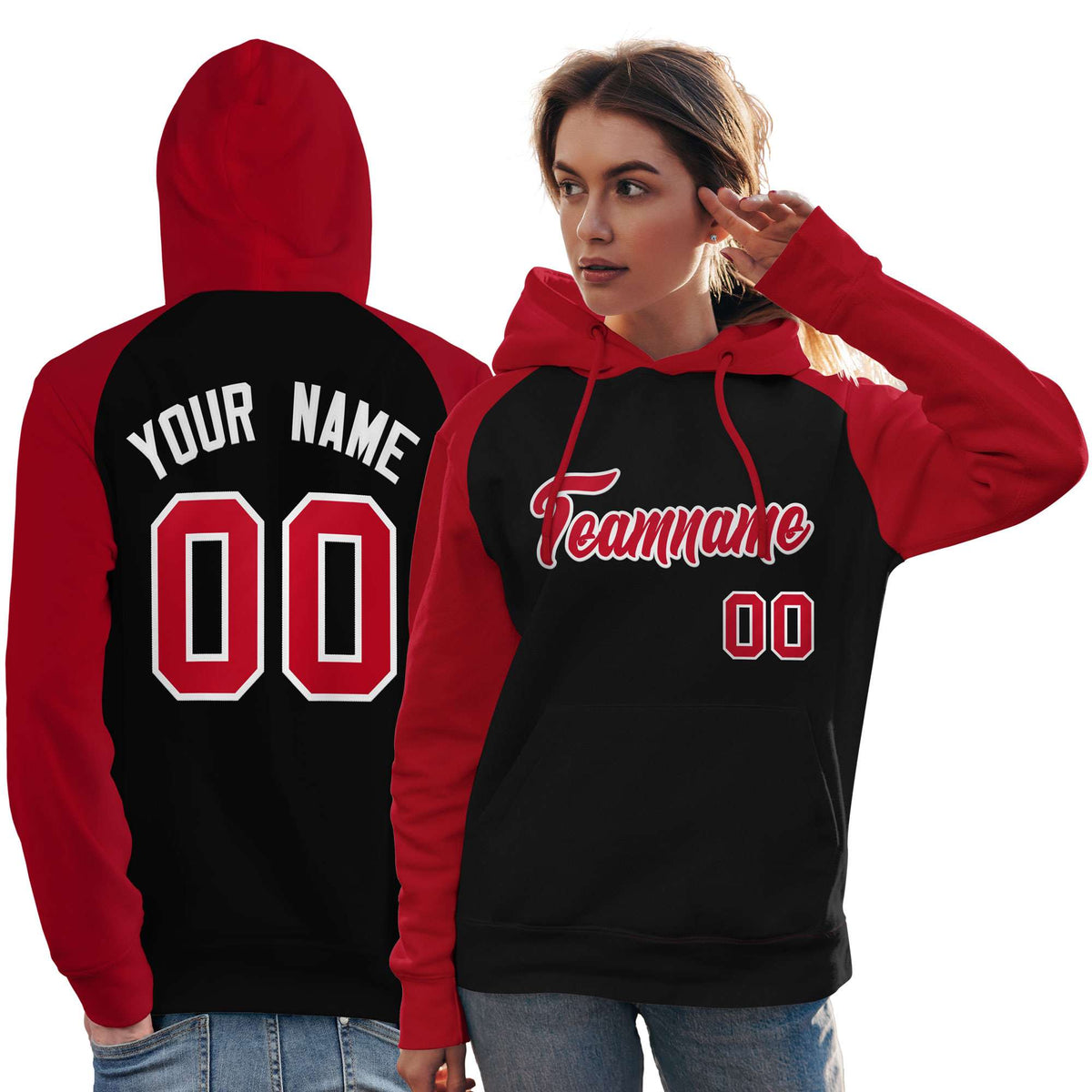 Custom Stitched Black Red Raglan Sleeves Sports Pullover Sweatshirt Hoodie For Women| KXKSHOP