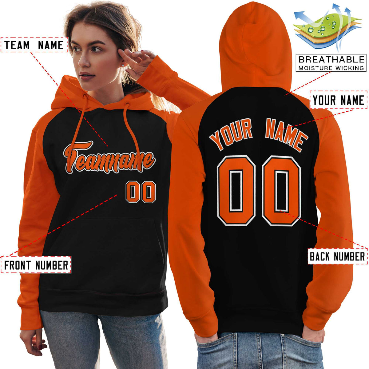 Custom Stitched Black Orange Raglan Sleeves Sports Pullover Sweatshirt Hoodie For Women| KXKSHOP