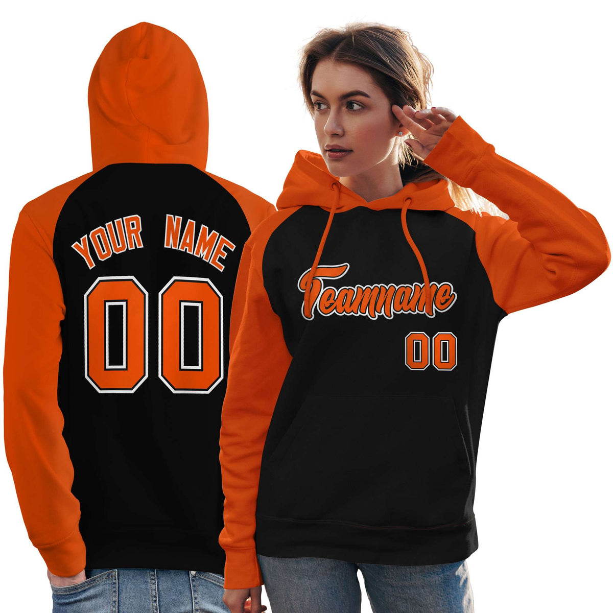 Custom Stitched Black Orange Raglan Sleeves Sports Pullover Sweatshirt Hoodie For Women| KXKSHOP