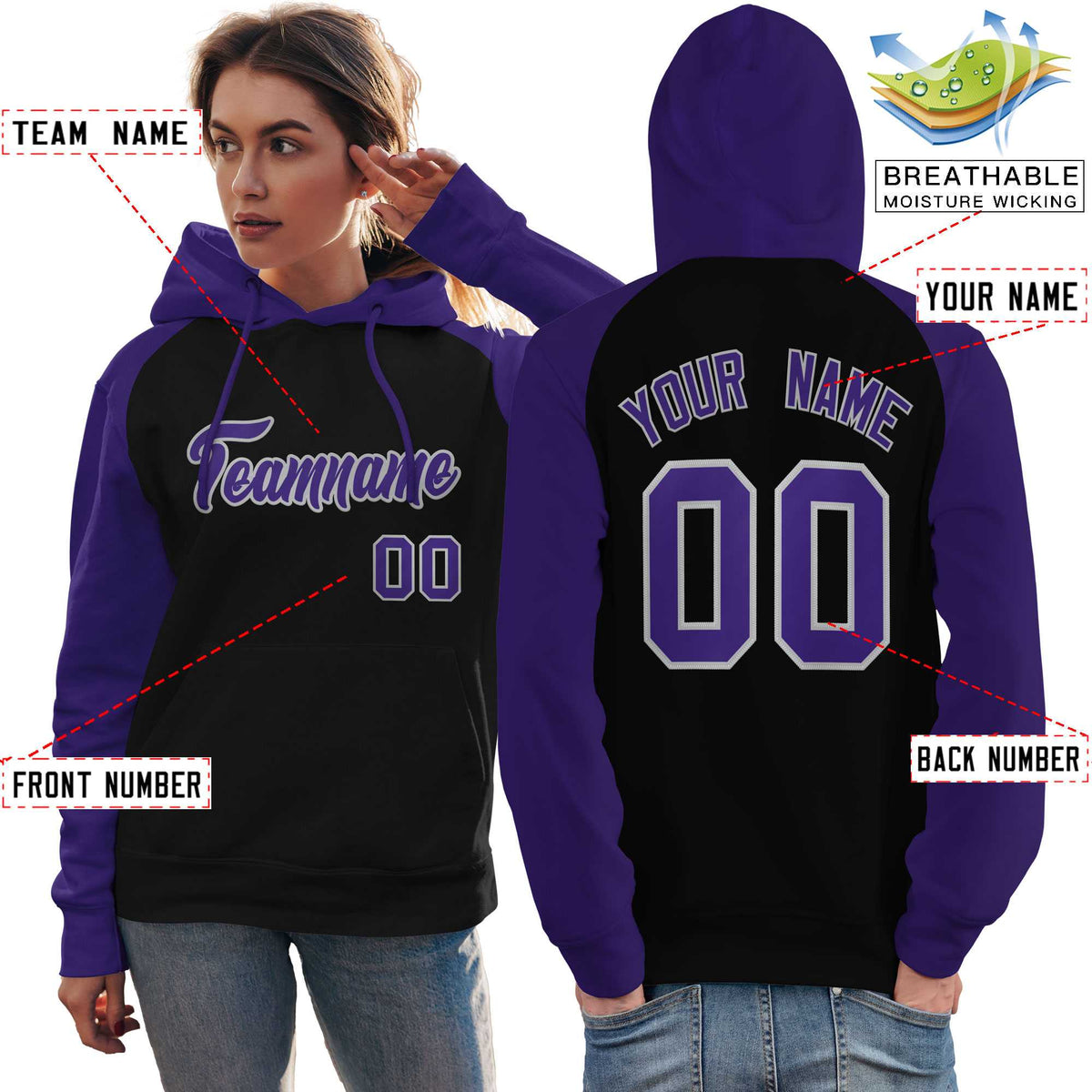Custom Stitched Black Purple Raglan Sleeves Sports Pullover Sweatshirt Hoodie For Women| KXKSHOP