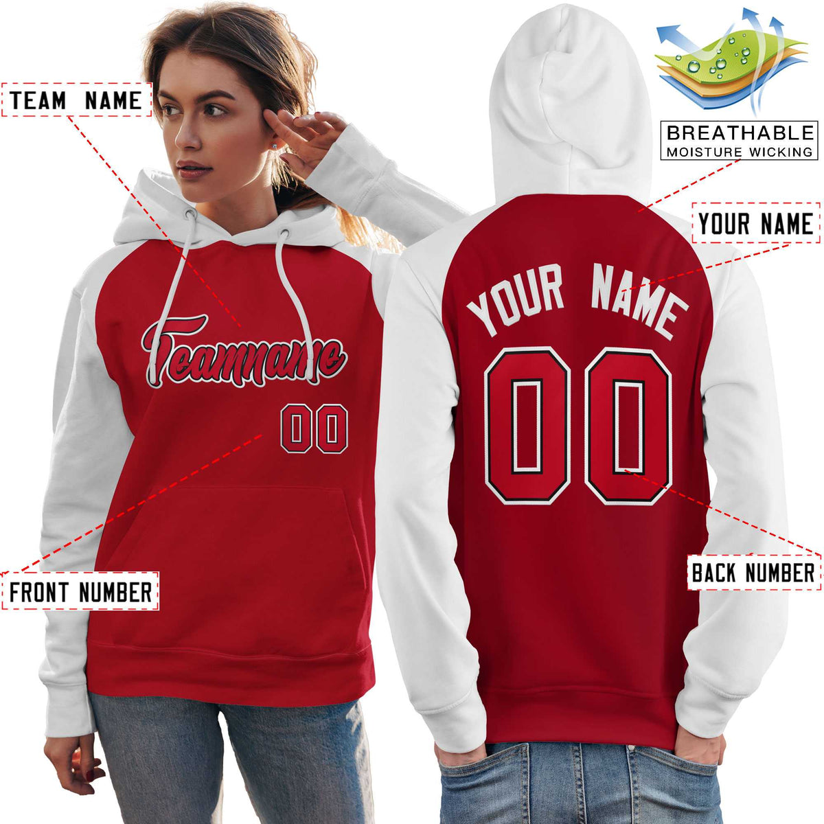 Custom Stitched Red White Raglan Sleeves Sports Pullover Sweatshirt Hoodie For Women| KXKSHOP