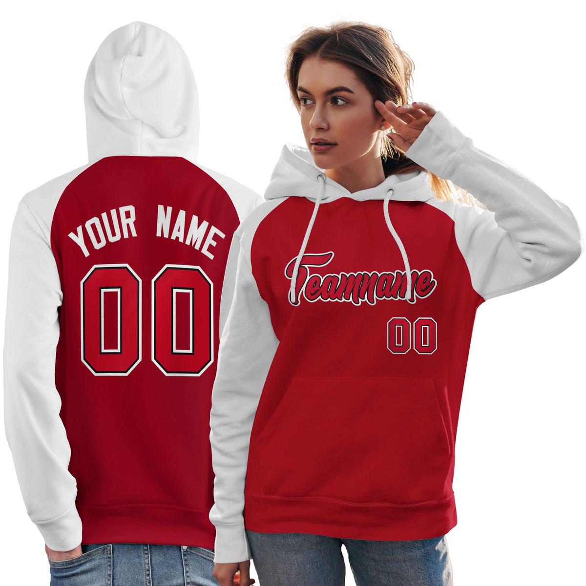 Custom Stitched Red White Raglan Sleeves Sports Pullover Sweatshirt Hoodie For Women| KXKSHOP