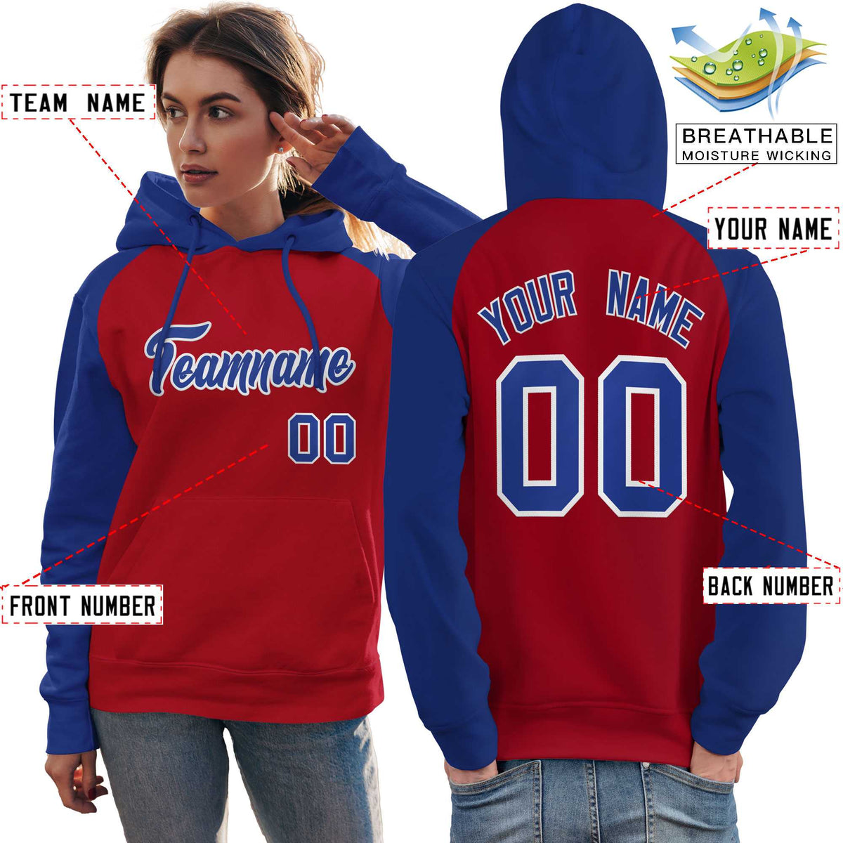 Custom Stitched Red Royal Raglan Sleeves Sports Pullover Sweatshirt Hoodie For Women| KXKSHOP
