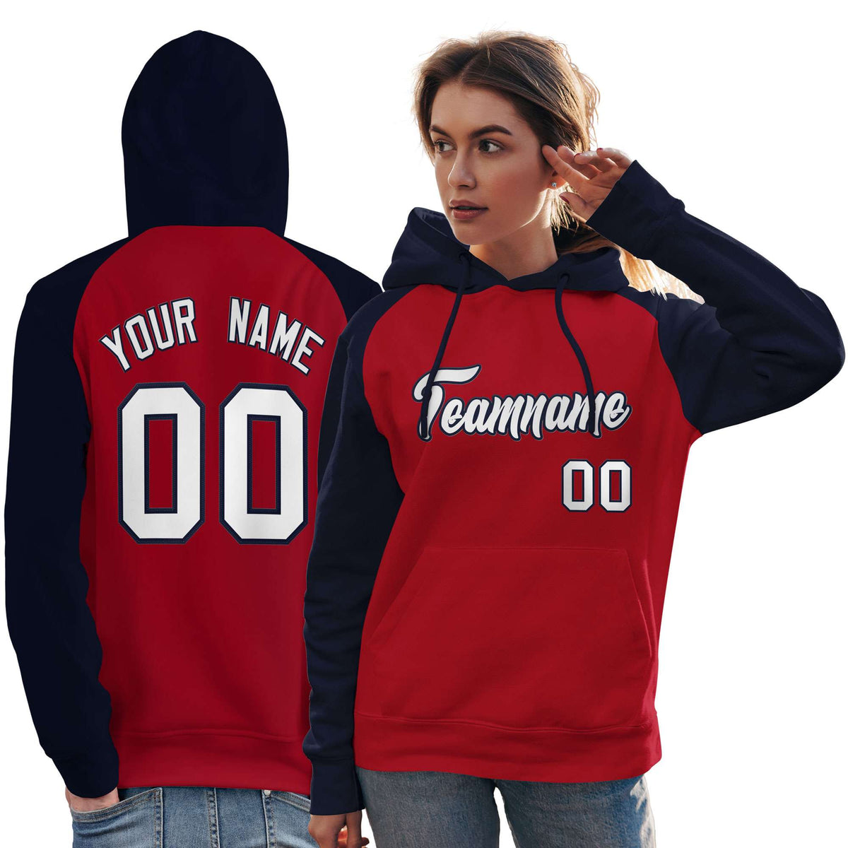 Custom Stitched Red Navy-White Raglan Sleeves Sports Pullover Sweatshirt Hoodie For Women| KXKSHOP