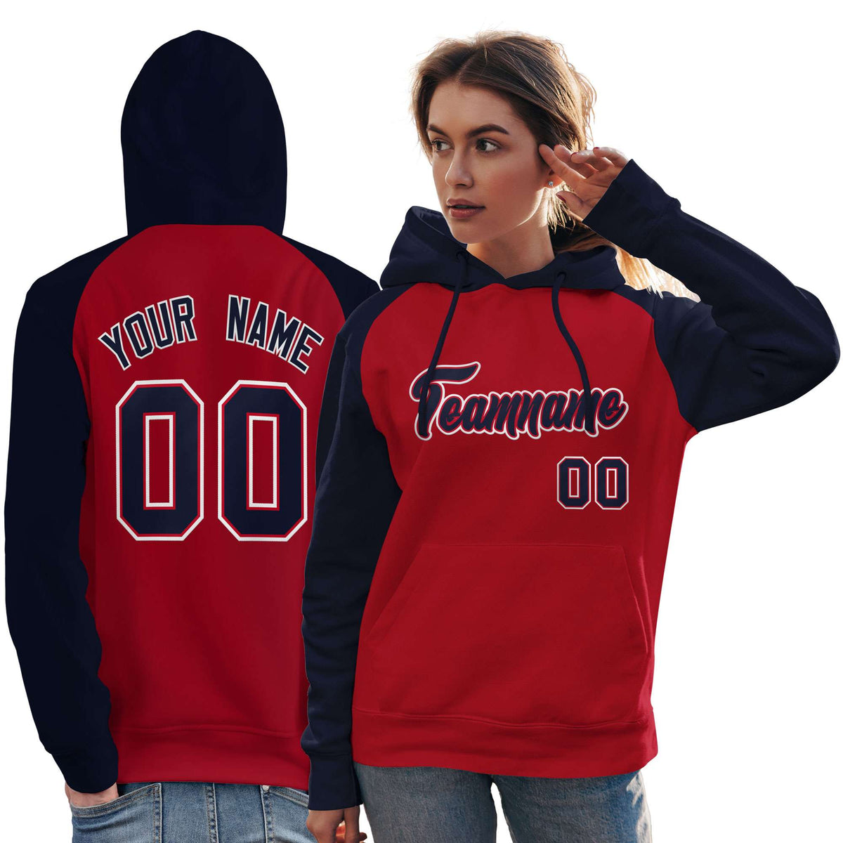 Custom Stitched Red Navy Raglan Sleeves Sports Pullover Sweatshirt Hoodie For Women| KXKSHOP