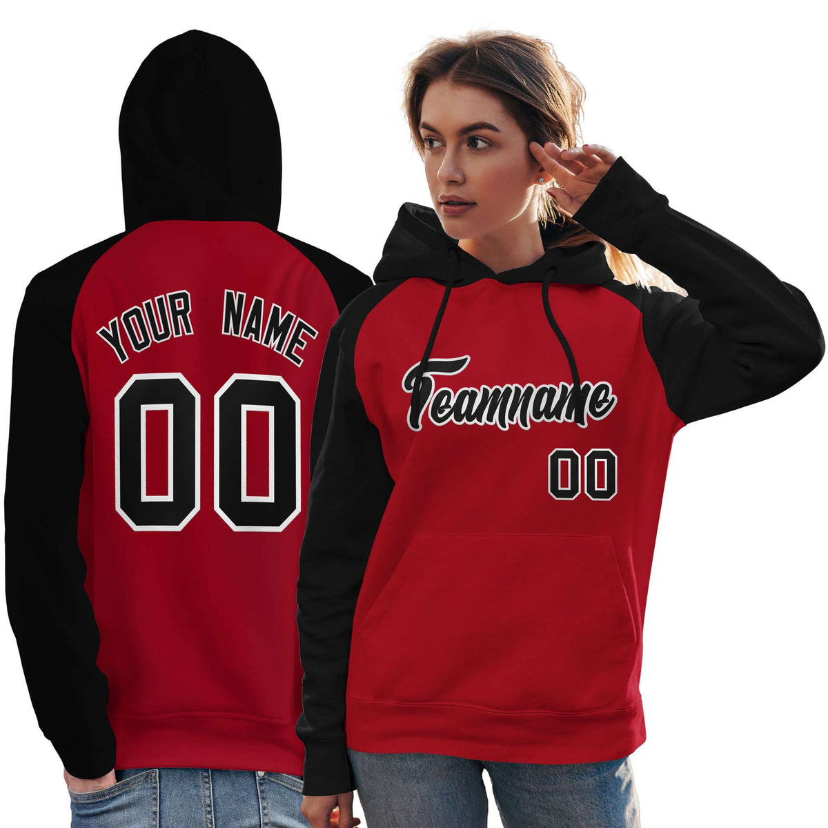Custom Stitched Red Black Raglan Sleeves Sports Pullover Sweatshirt Hoodie For Women| KXKSHOP
