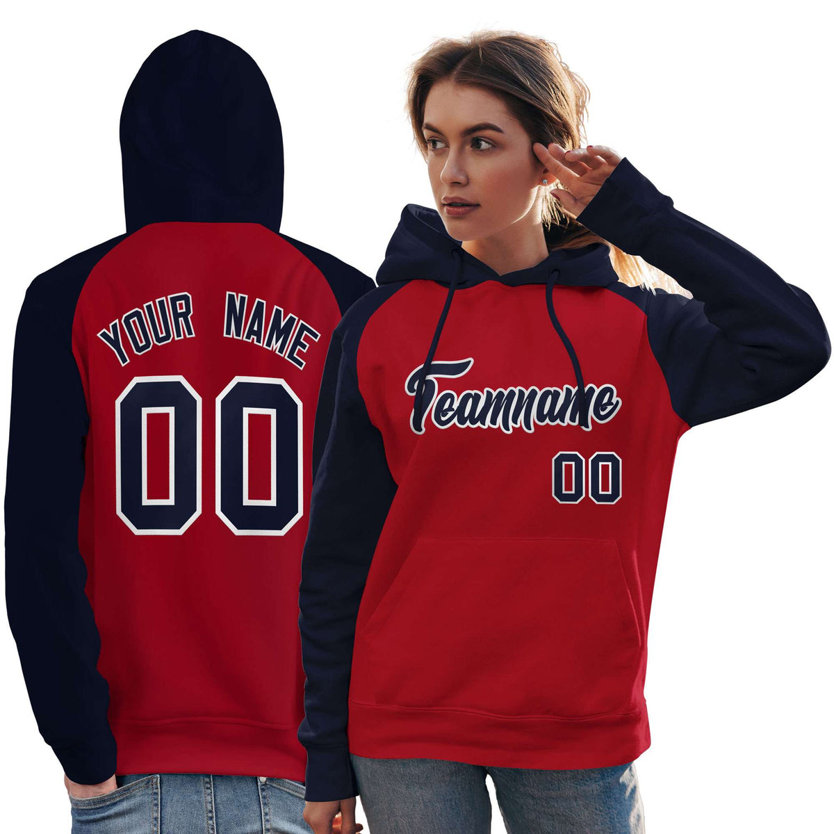 Custom Stitched Red Navy Raglan Sleeves Sports Pullover Sweatshirt Hoodie For Women| KXKSHOP