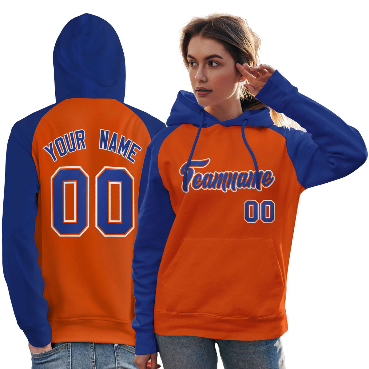 Custom Stitched Orange Royal Raglan Sleeves Sports Pullover Sweatshirt Hoodie For Women| KXKSHOP