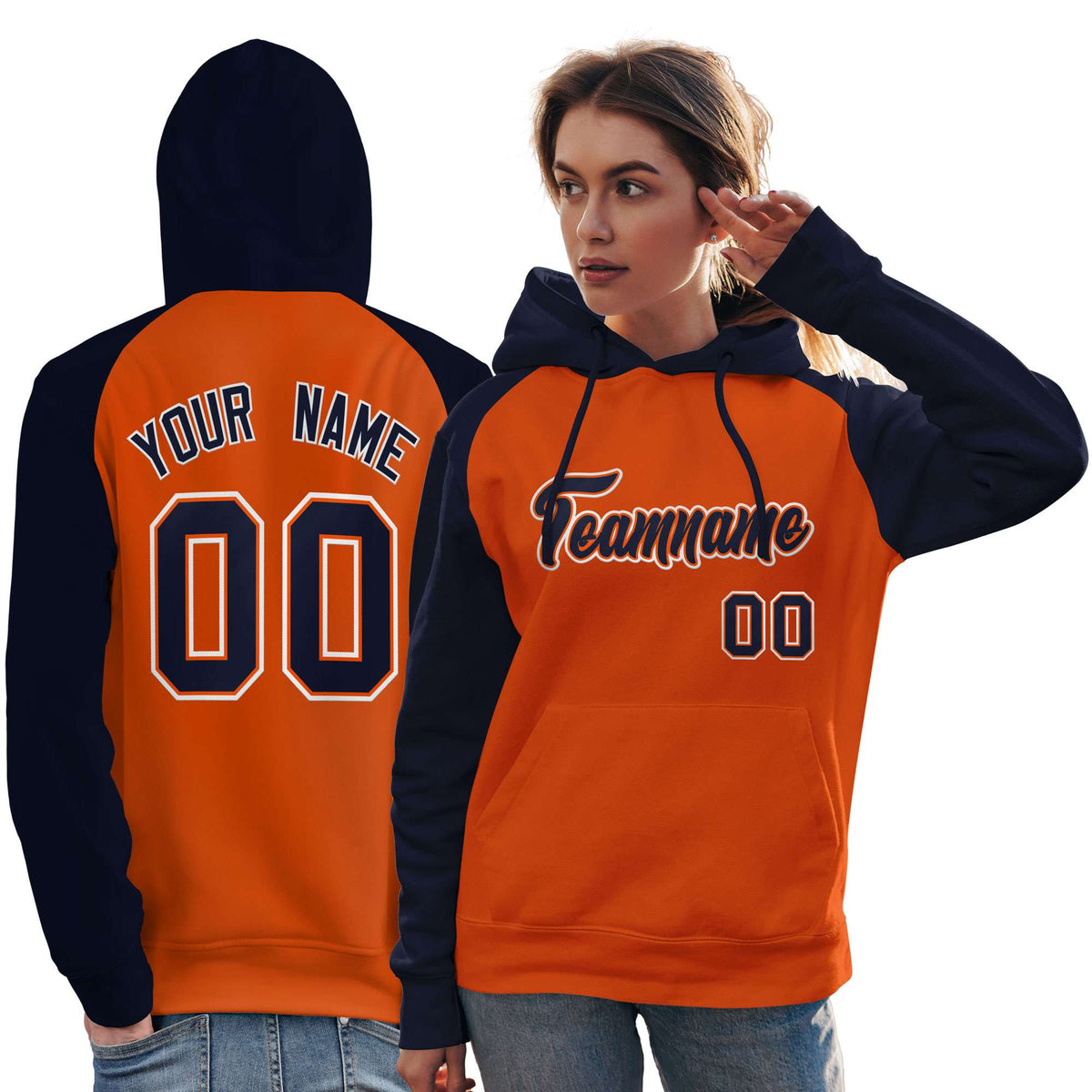 Custom Stitched Orange Navy Raglan Sleeves Sports Pullover Sweatshirt Hoodie For Women| KXKSHOP