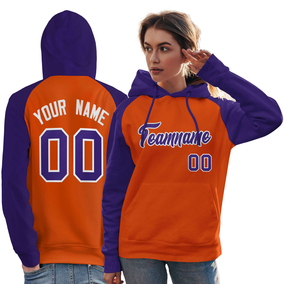 Custom Stitched Orange Purple Raglan Sleeves Sports Pullover Sweatshirt Hoodie For Women| KXKSHOP