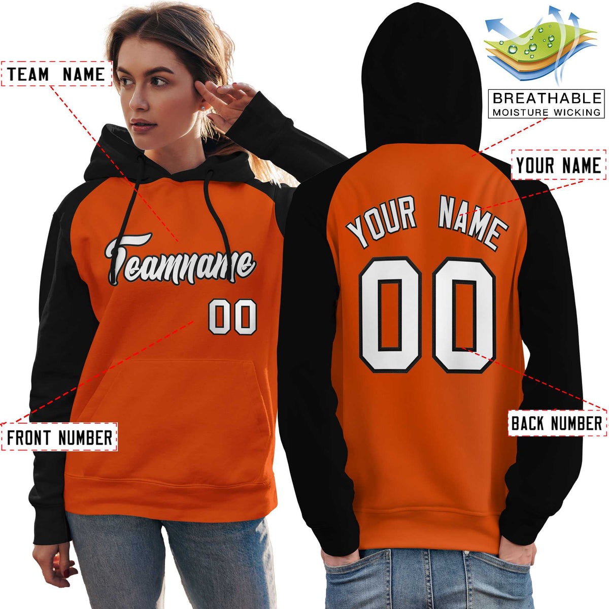 Custom Stitched Orange Black-White Raglan Sleeves Sports Pullover Sweatshirt Hoodie For Women| KXKSHOP