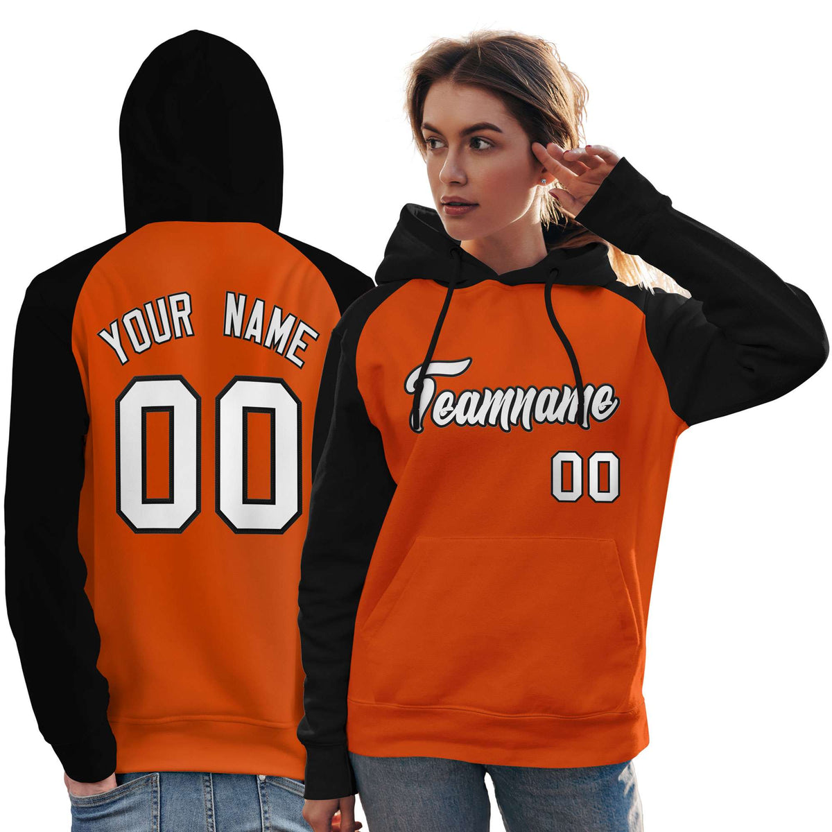 Custom Stitched Orange Black-White Raglan Sleeves Sports Pullover Sweatshirt Hoodie For Women| KXKSHOP