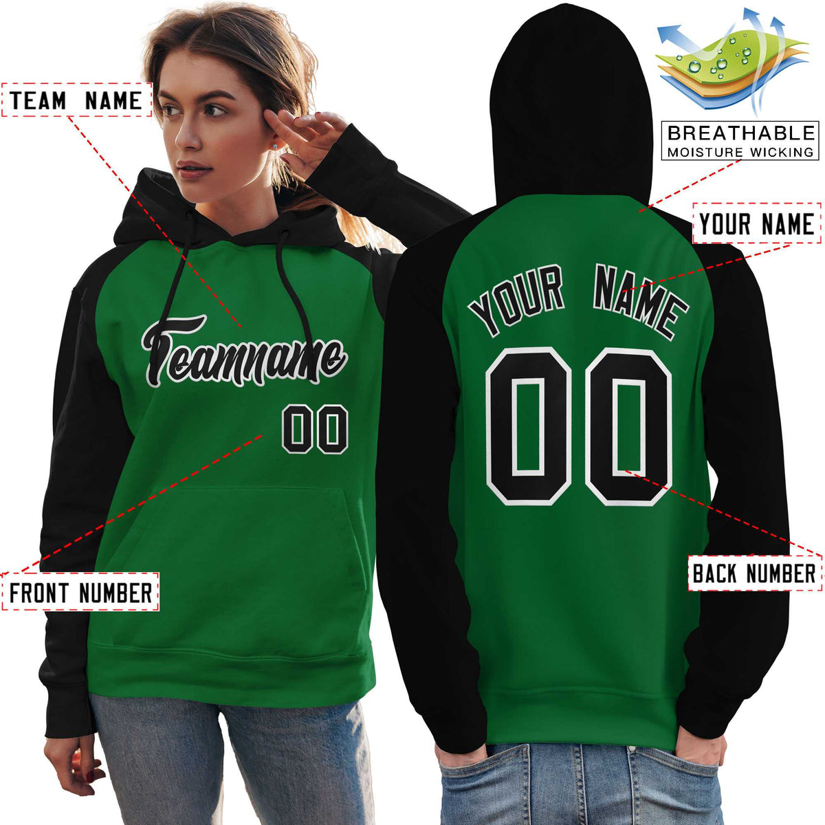 Custom Stitched Kelly Green Black Raglan Sleeves Sports Pullover Sweatshirt Hoodie For Women| KXKSHOP