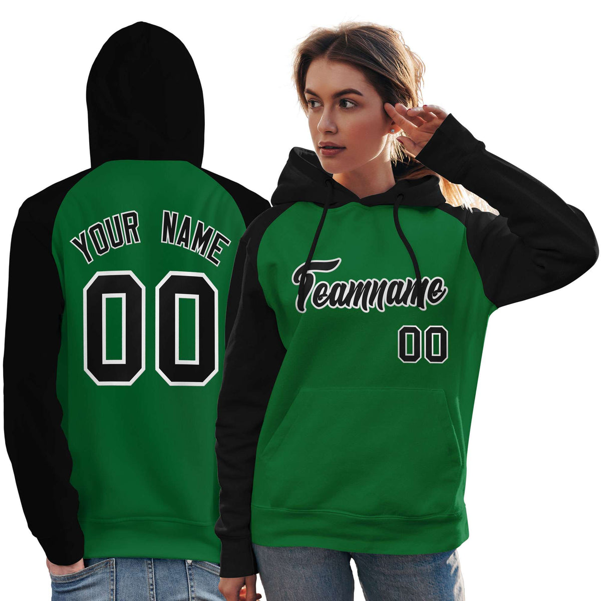 Custom Stitched Kelly Green Black Raglan Sleeves Sports Pullover Sweatshirt Hoodie For Women| KXKSHOP