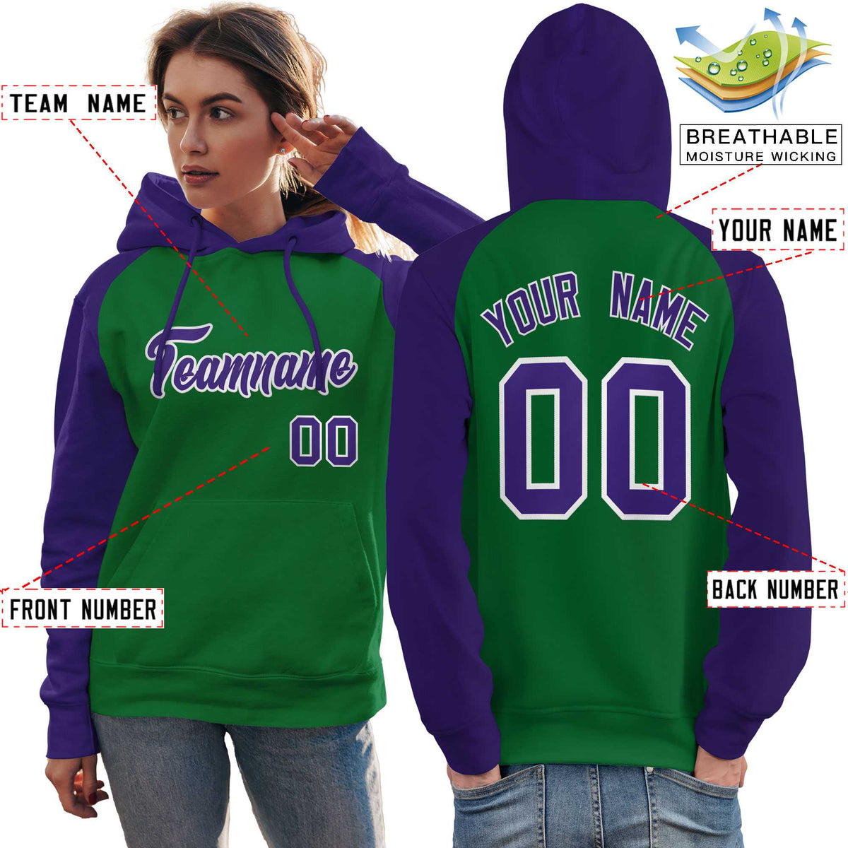 Custom Stitched Kelly Green Purple Raglan Sleeves Sports Pullover Sweatshirt Hoodie For Women| KXKSHOP