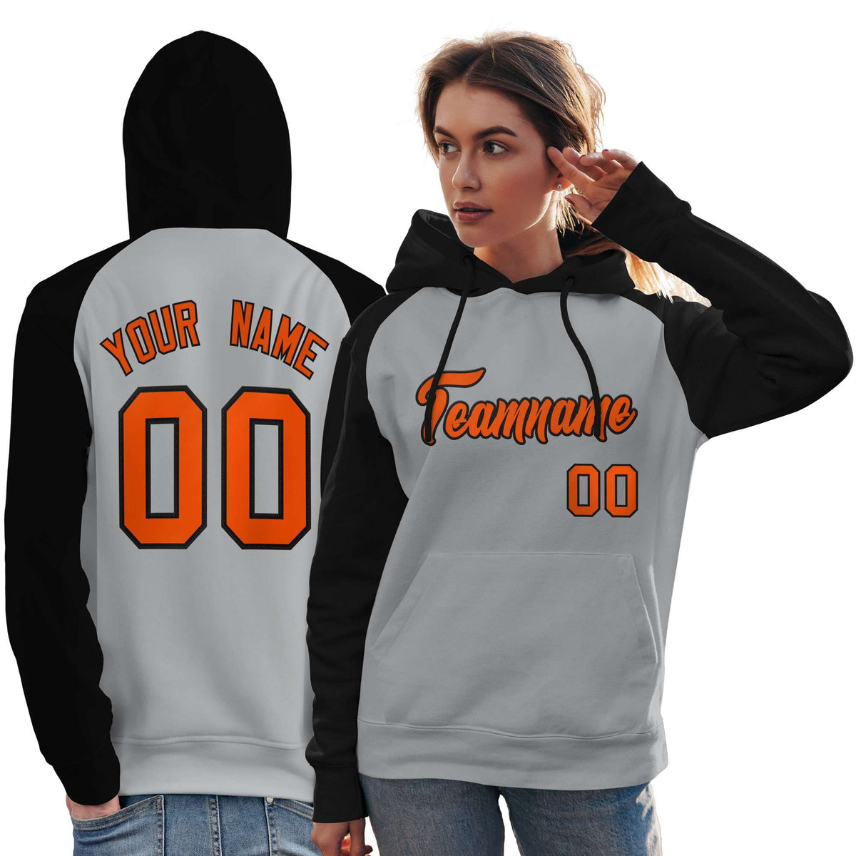Custom Stitched Gray Black-Orange Raglan Sleeves Sports Pullover Sweatshirt Hoodie For Women| KXKSHOP