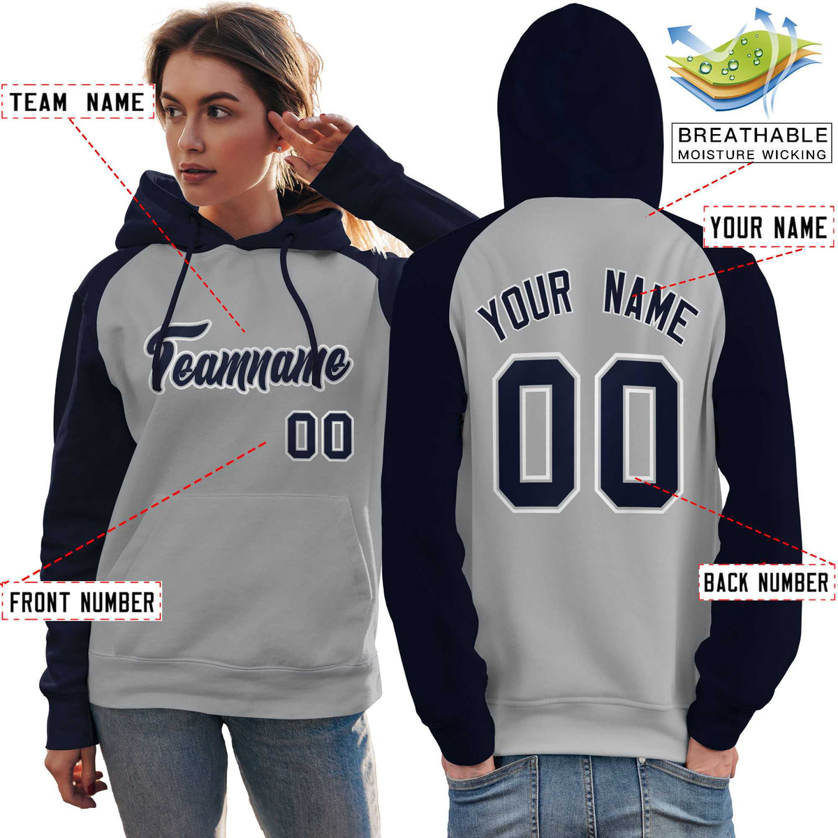 Custom Stitched Gray Navy Raglan Sleeves Sports Pullover Sweatshirt Hoodie For Women| KXKSHOP