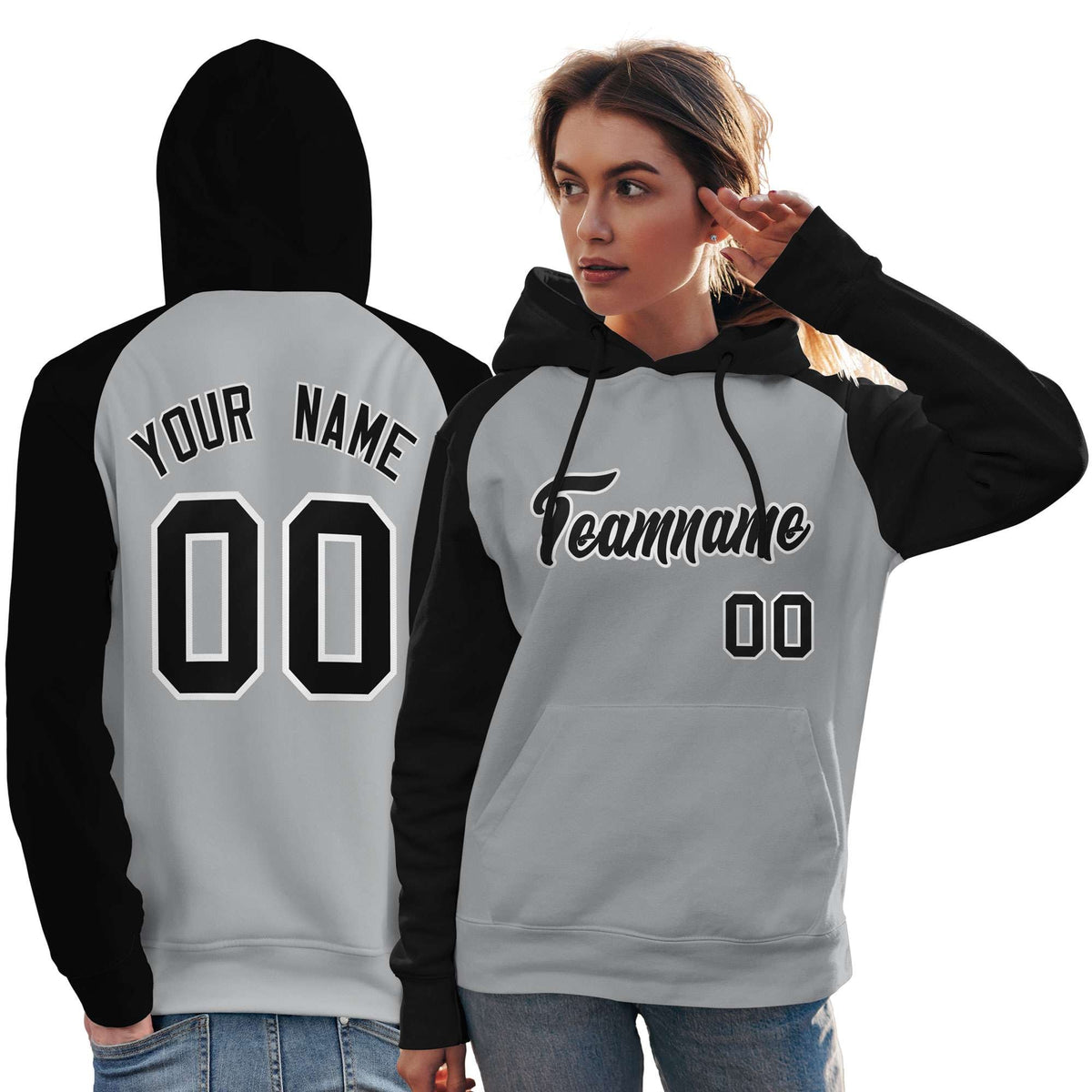 Custom Stitched Gray Black Raglan Sleeves Sports Pullover Sweatshirt Hoodie For Women| KXKSHOP