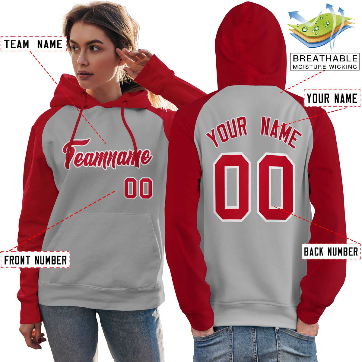 Custom Stitched Gray Red Raglan Sleeves Sports Pullover Sweatshirt Hoodie For Women| KXKSHOP