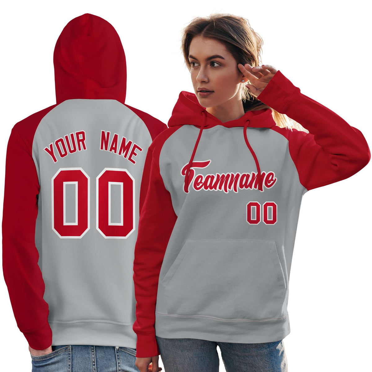Custom Stitched Gray Red Raglan Sleeves Sports Pullover Sweatshirt Hoodie For Women| KXKSHOP
