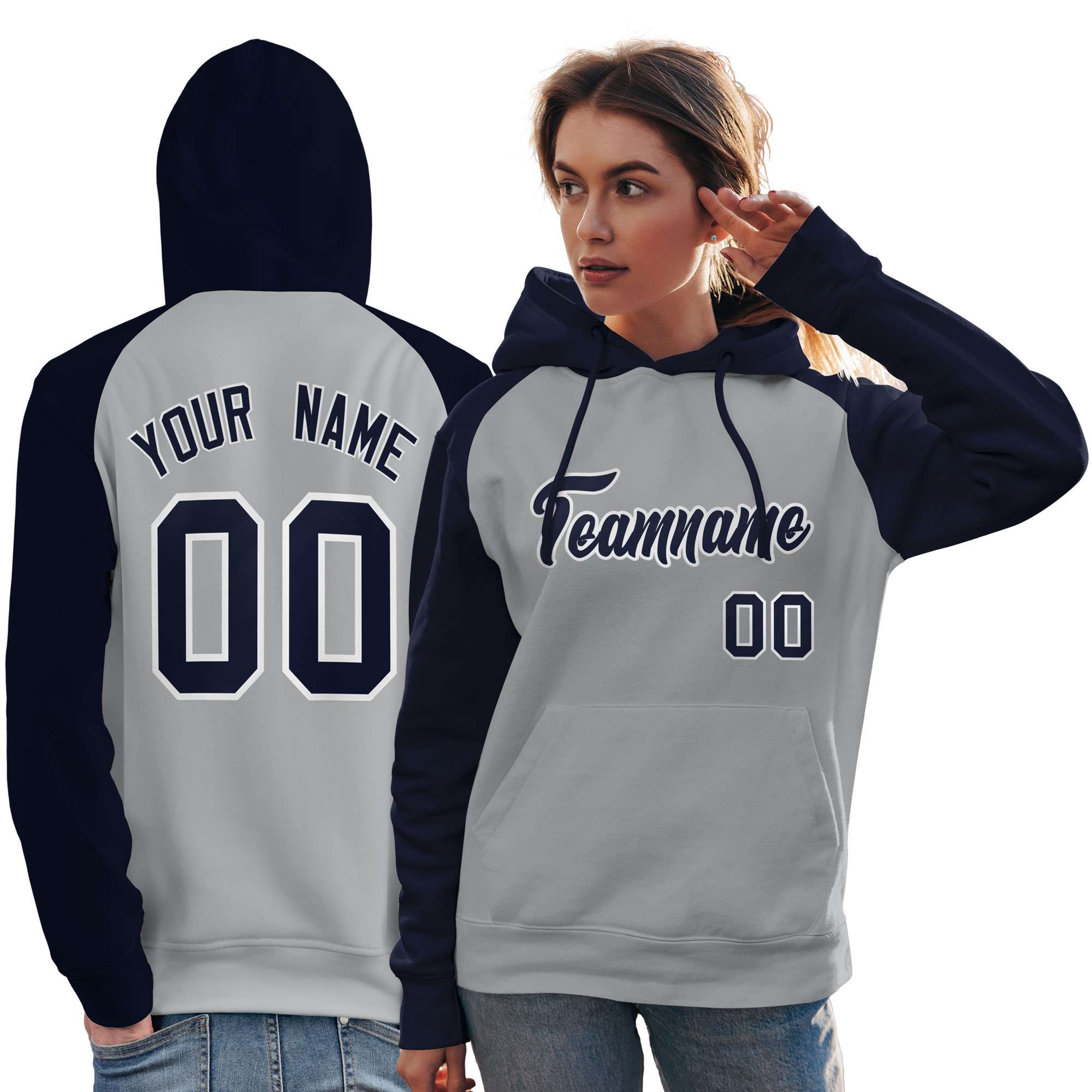 Custom Stitched Gray Navy Raglan Sleeves Sports Pullover Sweatshirt Hoodie For Women| KXKSHOP