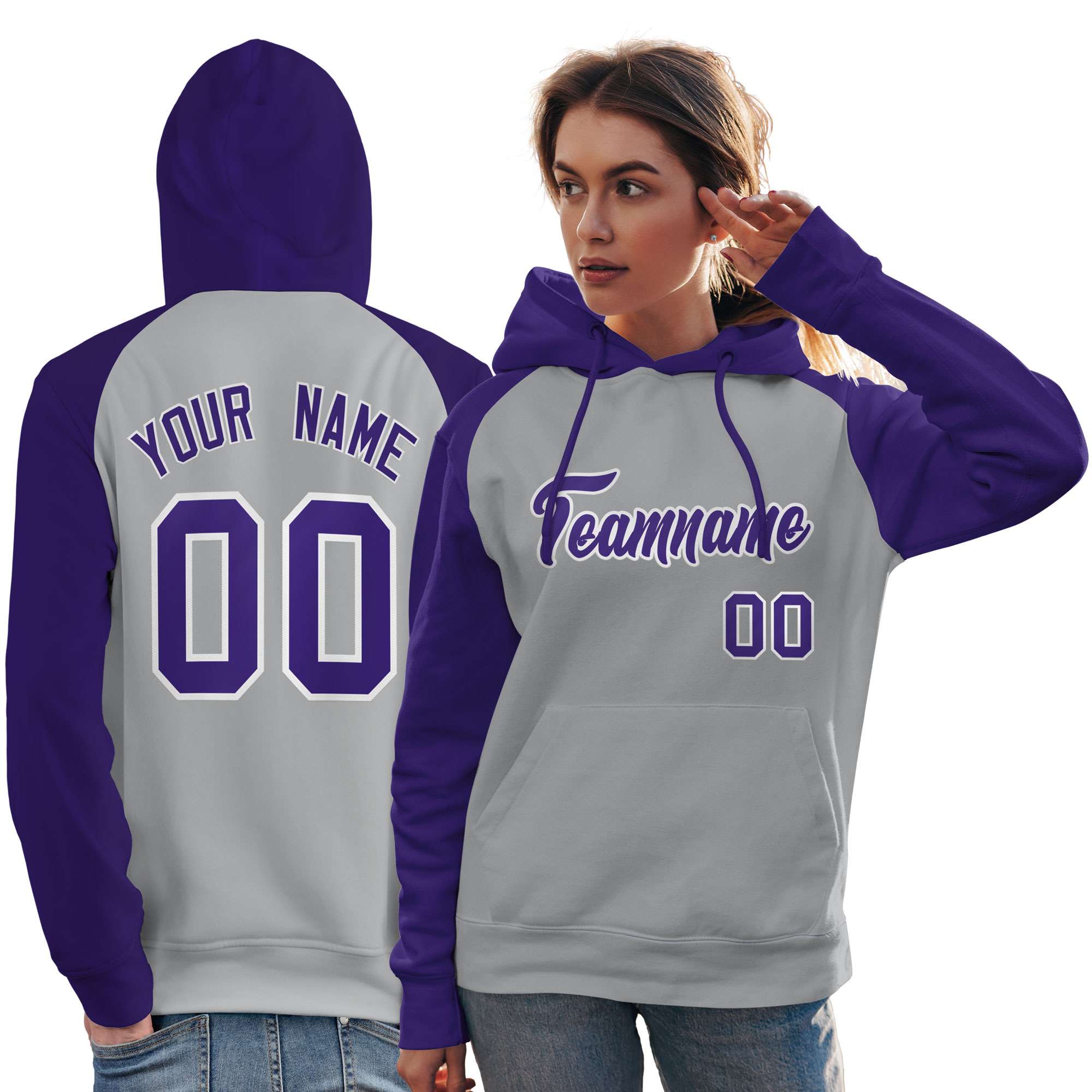 Custom Stitched Gray Purple Raglan Sleeves Sports Pullover Sweatshirt Hoodie For Women| KXKSHOP