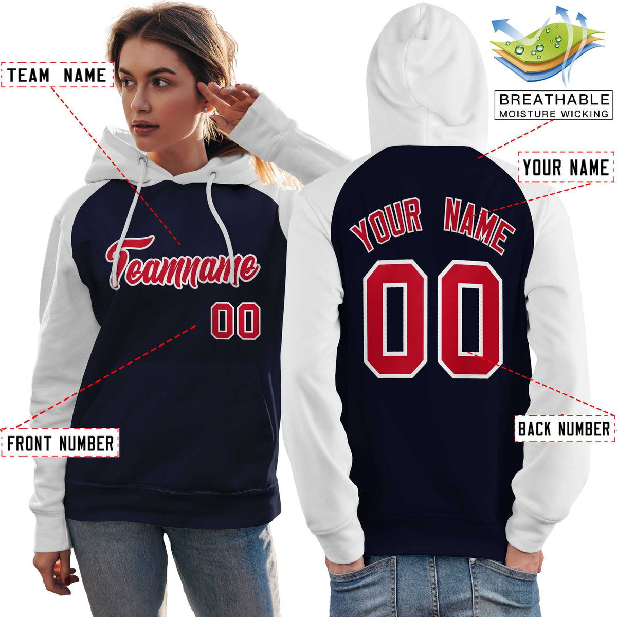 Custom Stitched Navy White-Red Raglan Sleeves Sports Pullover Sweatshirt Hoodie For Women| KXKSHOP