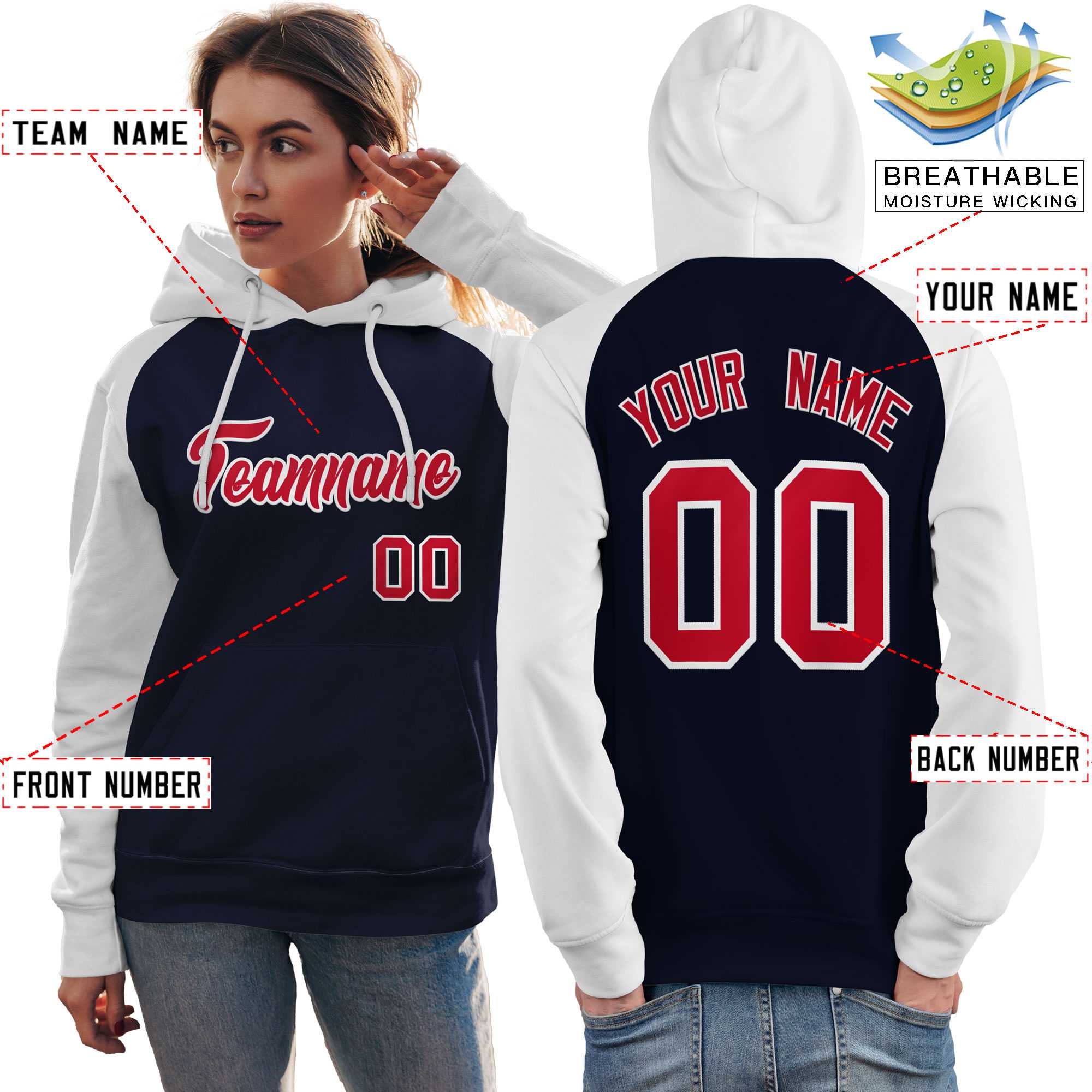 Custom Stitched Navy White-Red Raglan Sleeves Sports Pullover Sweatshirt Hoodie For Women| KXKSHOP