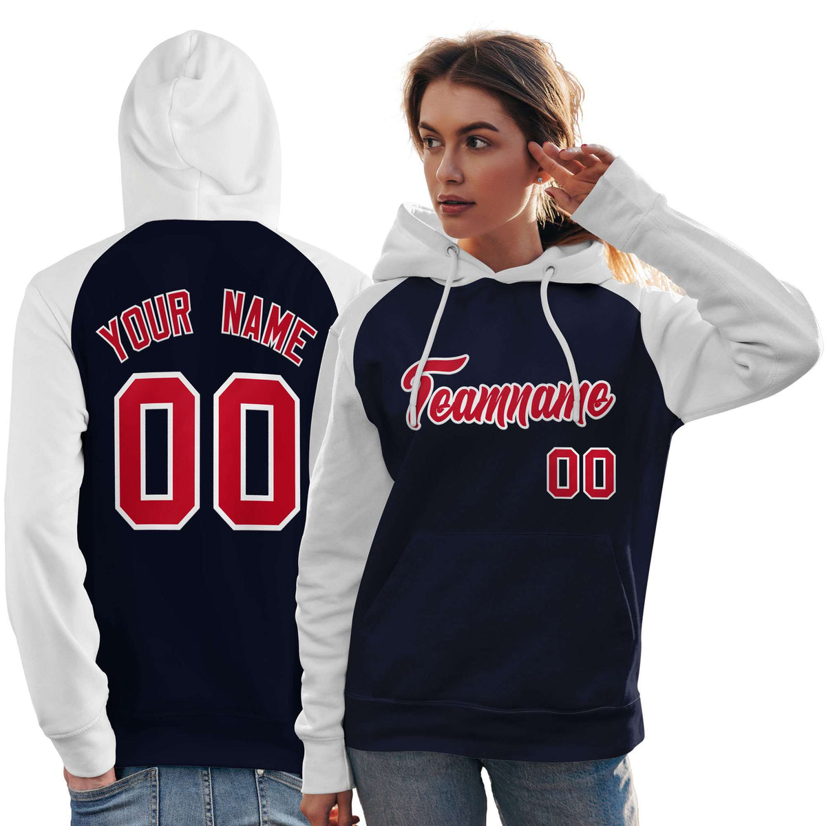 Custom Stitched Navy White-Red Raglan Sleeves Sports Pullover Sweatshirt Hoodie For Women| KXKSHOP