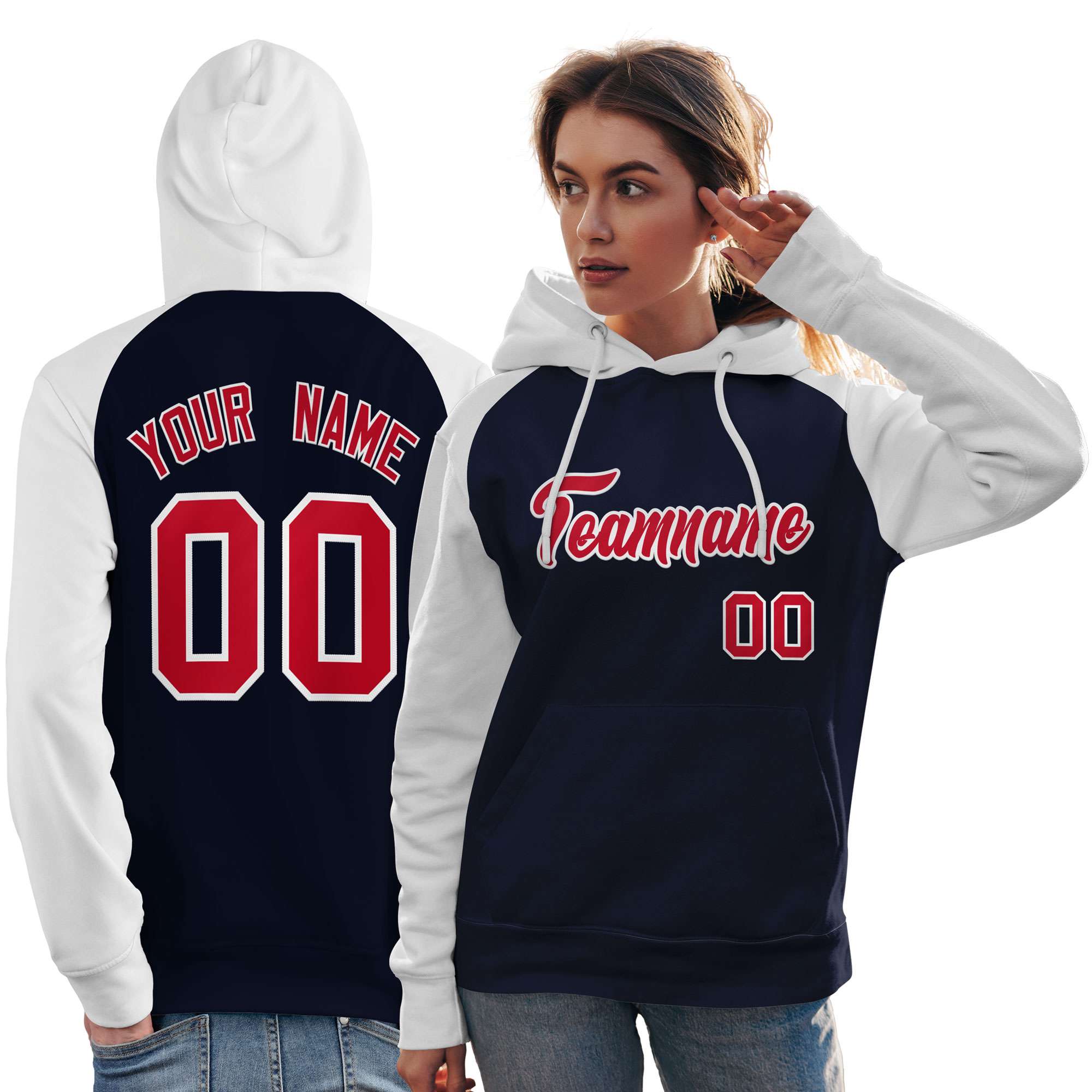 Custom Stitched Navy White-Red Raglan Sleeves Sports Pullover Sweatshirt Hoodie For Women| KXKSHOP