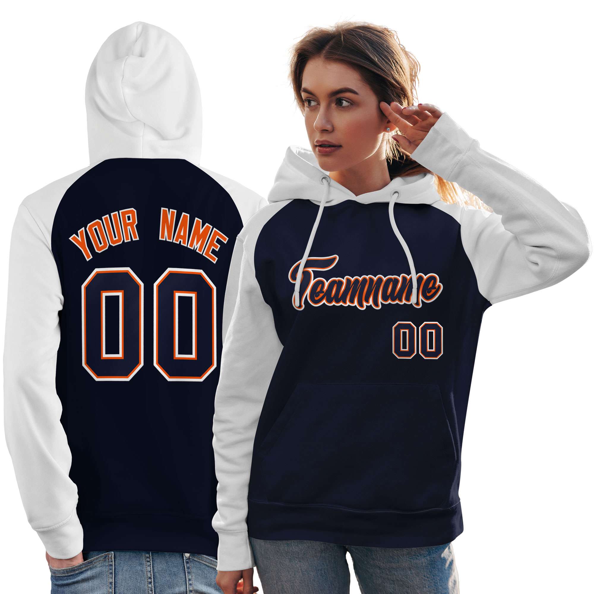 Custom Stitched Navy White Raglan Sleeves Sports Pullover Sweatshirt Hoodie For Women| KXKSHOP
