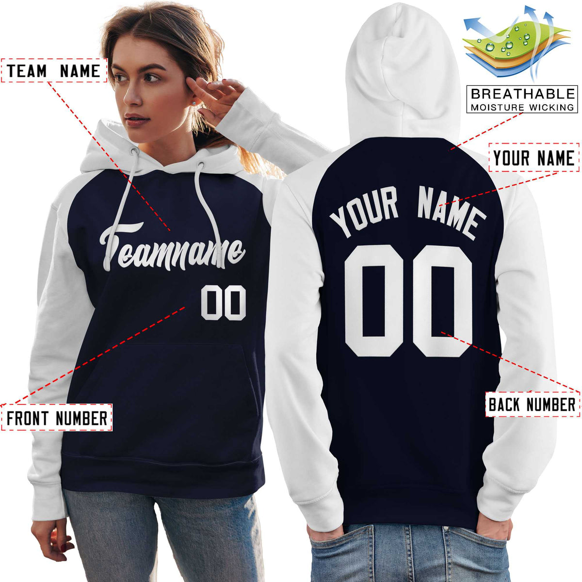 Custom Stitched Navy White Raglan Sleeves Sports Pullover Sweatshirt Hoodie For Women| KXKSHOP