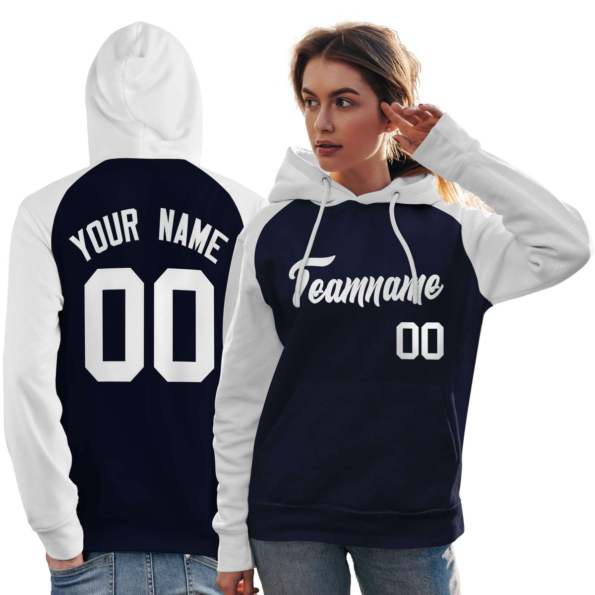 Custom Stitched Navy White Raglan Sleeves Sports Pullover Sweatshirt Hoodie For Women| KXKSHOP