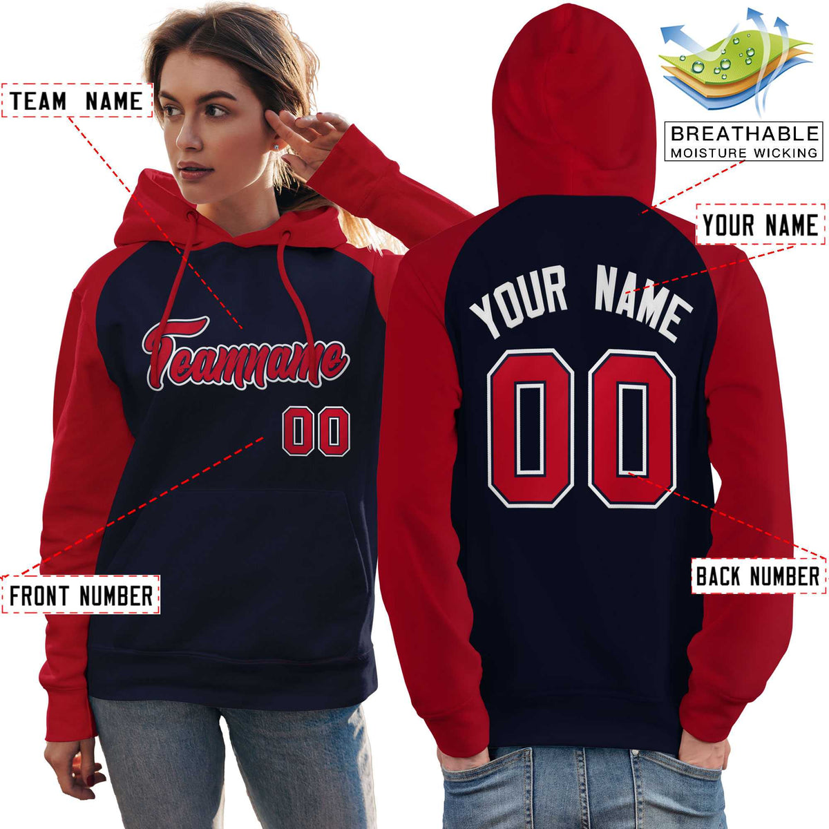 Custom Stitched Navy Red Raglan Sleeves Sports Pullover Sweatshirt Hoodie For Women| KXKSHOP