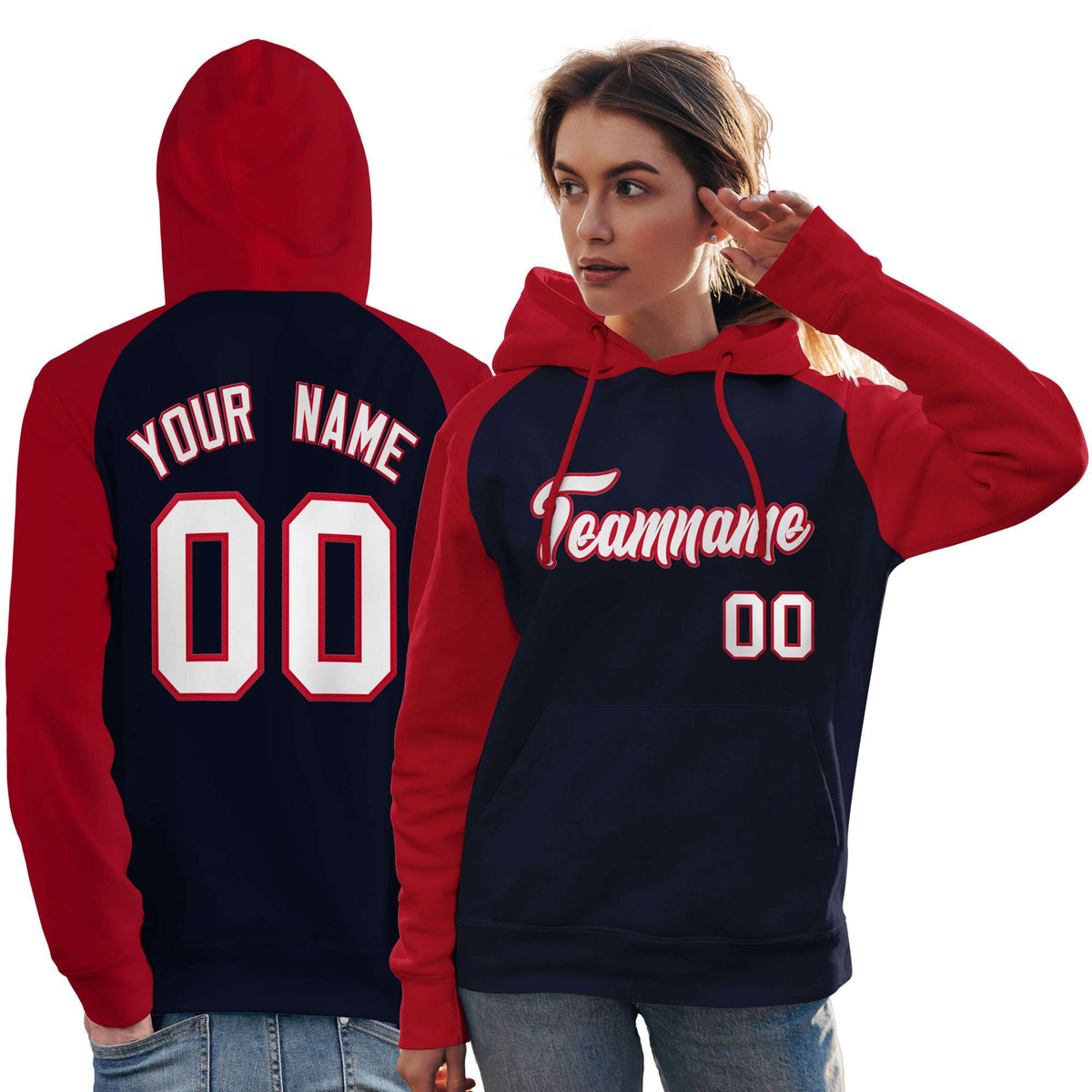 Custom Stitched Navy Red-White Raglan Sleeves Sports Pullover Sweatshirt Hoodie For Women| KXKSHOP