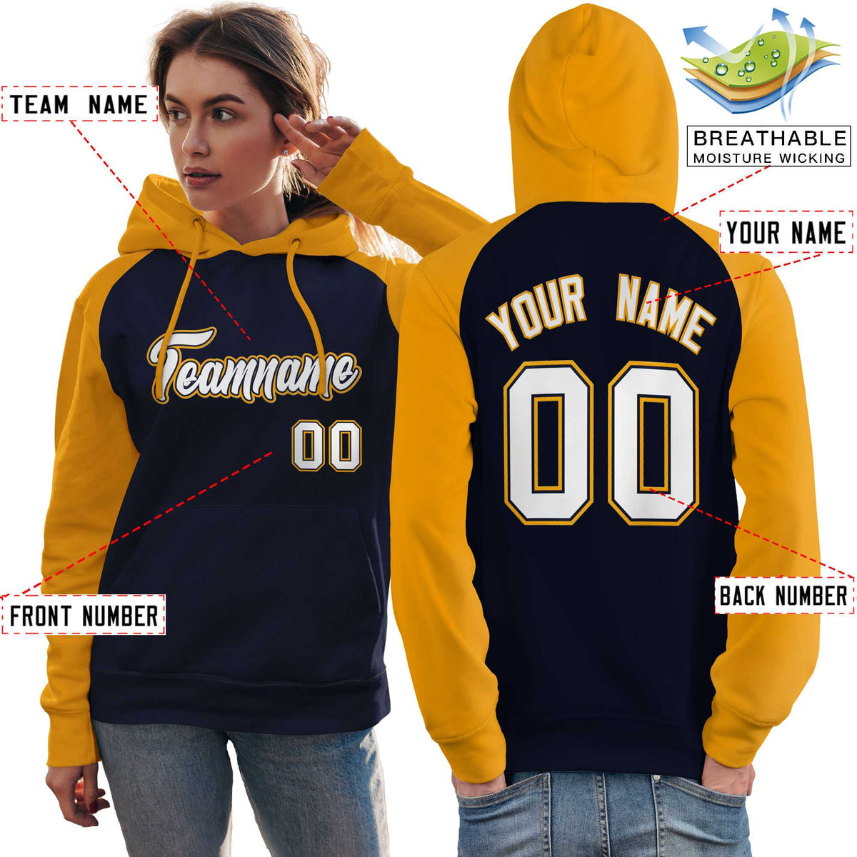 Custom Stitched Navy Gold-White Raglan Sleeves Sports Pullover Sweatshirt Hoodie For Women| KXKSHOP