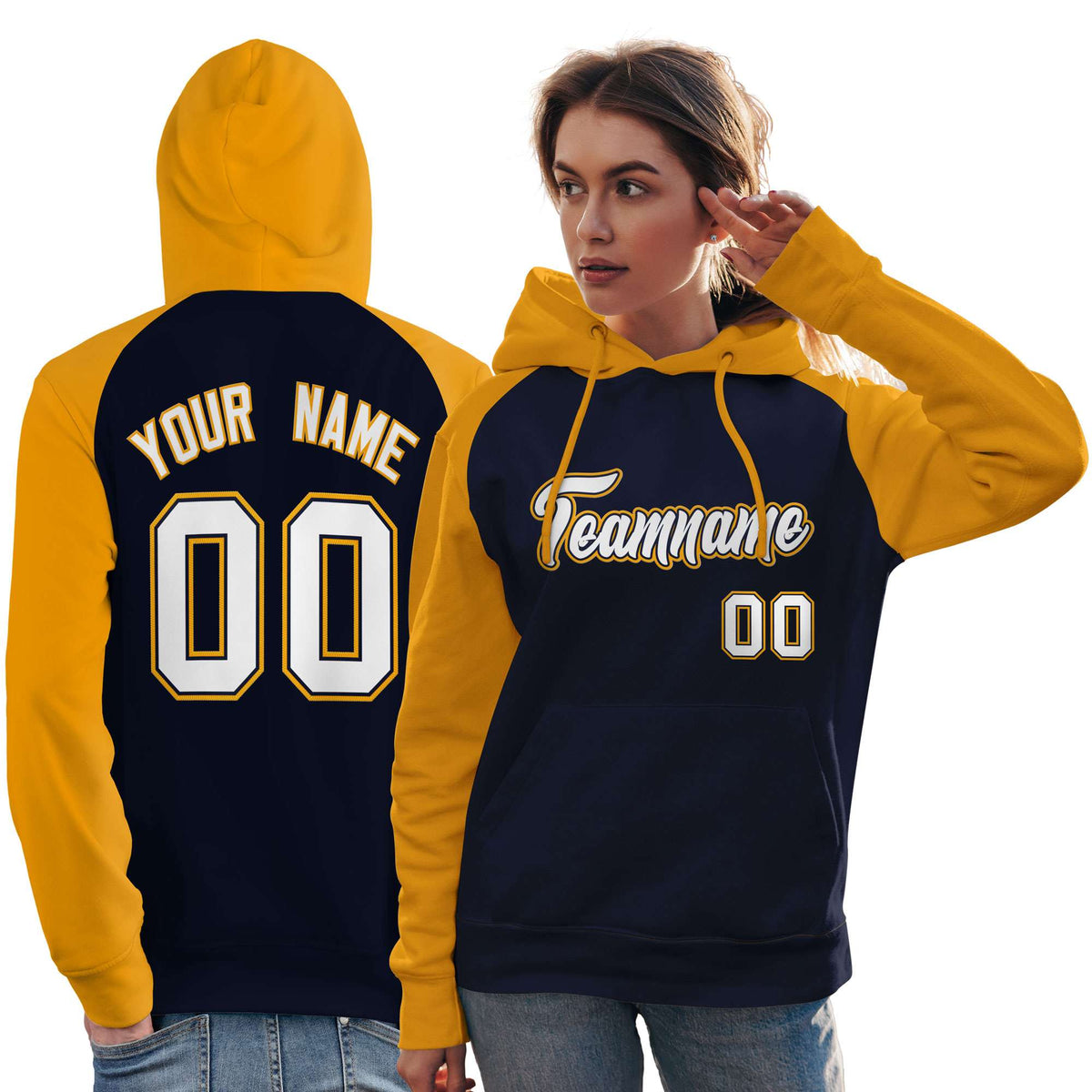Custom Stitched Navy Gold-White Raglan Sleeves Sports Pullover Sweatshirt Hoodie For Women| KXKSHOP