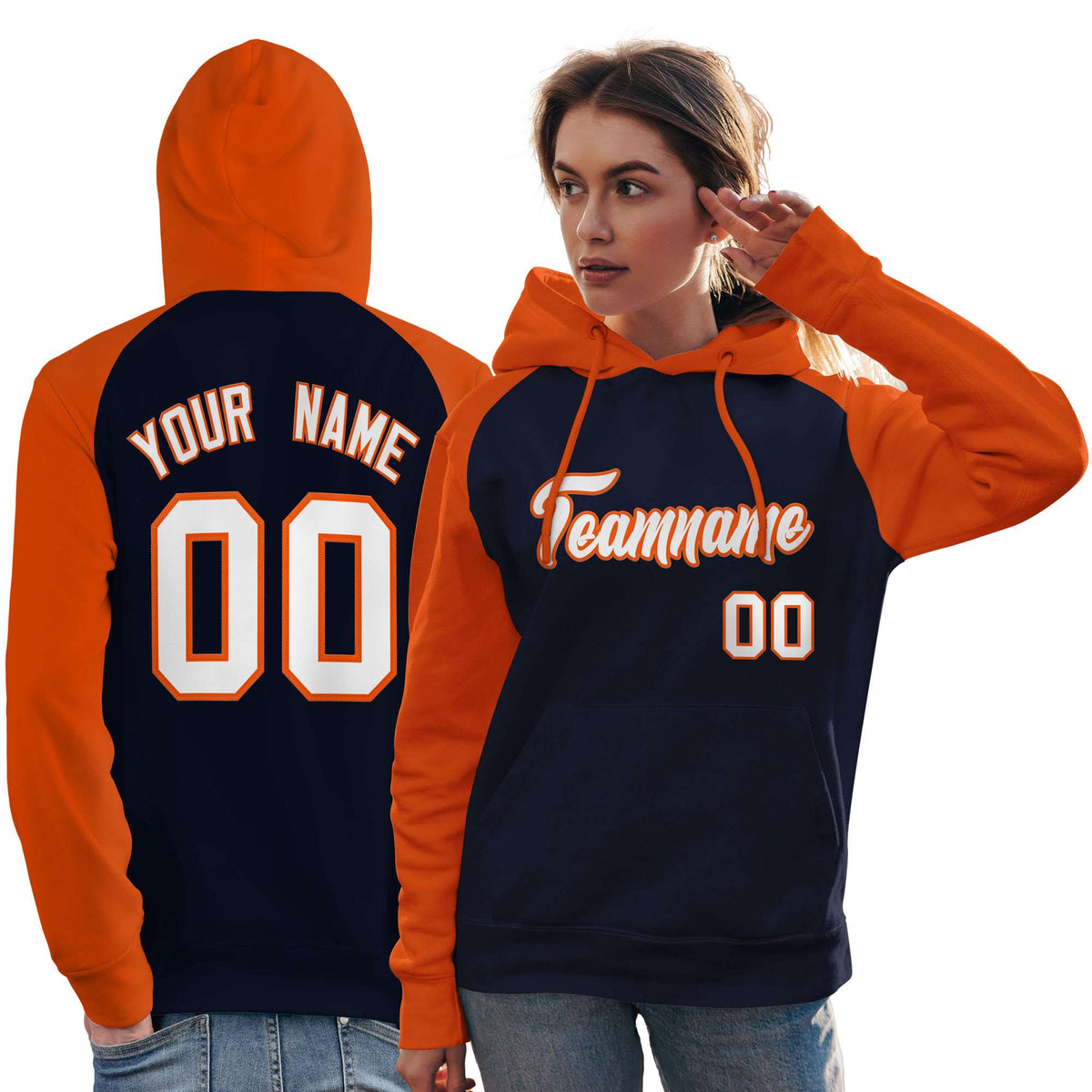 Custom Stitched Navy Orange-White Raglan Sleeves Sports Pullover Sweatshirt Hoodie For Women| KXKSHOP