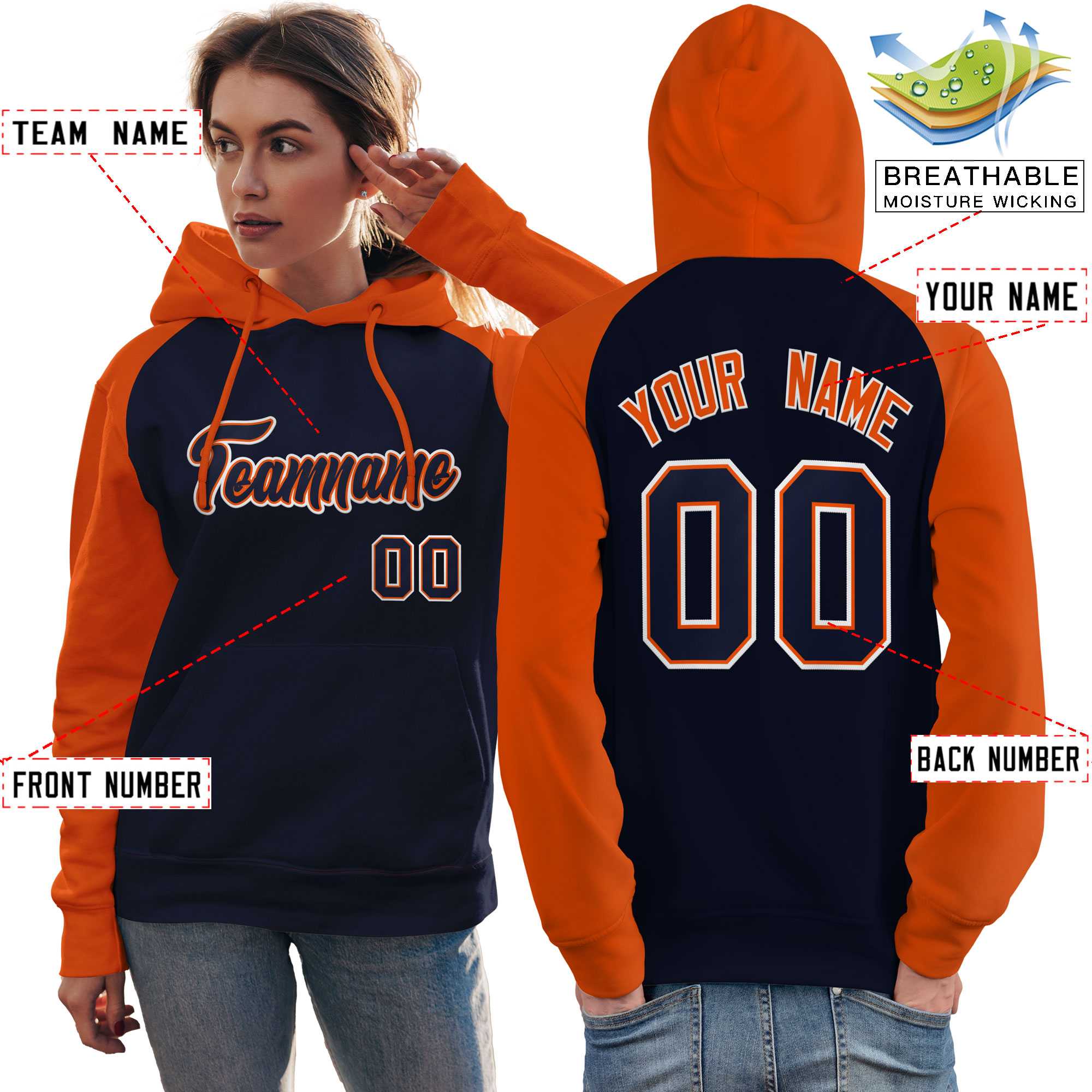 Custom Stitched Navy Orange Raglan Sleeves Sports Pullover Sweatshirt Hoodie For Women| KXKSHOP