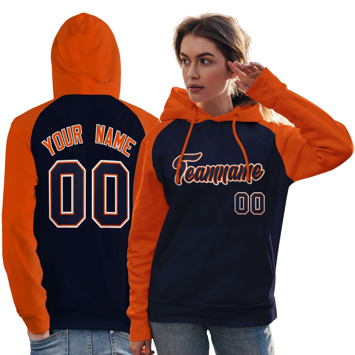 Custom Stitched Navy Orange Raglan Sleeves Sports Pullover Sweatshirt Hoodie For Women| KXKSHOP
