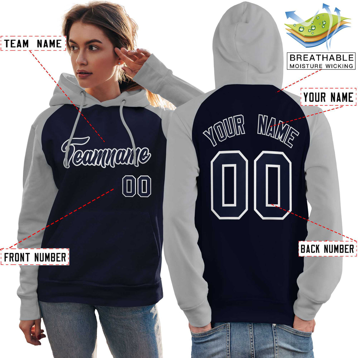 Custom Stitched Navy Gray Raglan Sleeves Sports Pullover Sweatshirt Hoodie For Women| KXKSHOP
