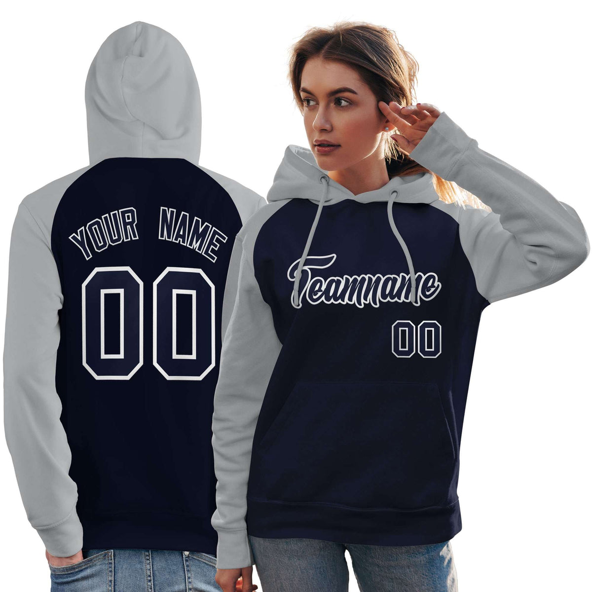 Custom Stitched Navy Gray Raglan Sleeves Sports Pullover Sweatshirt Hoodie For Women| KXKSHOP