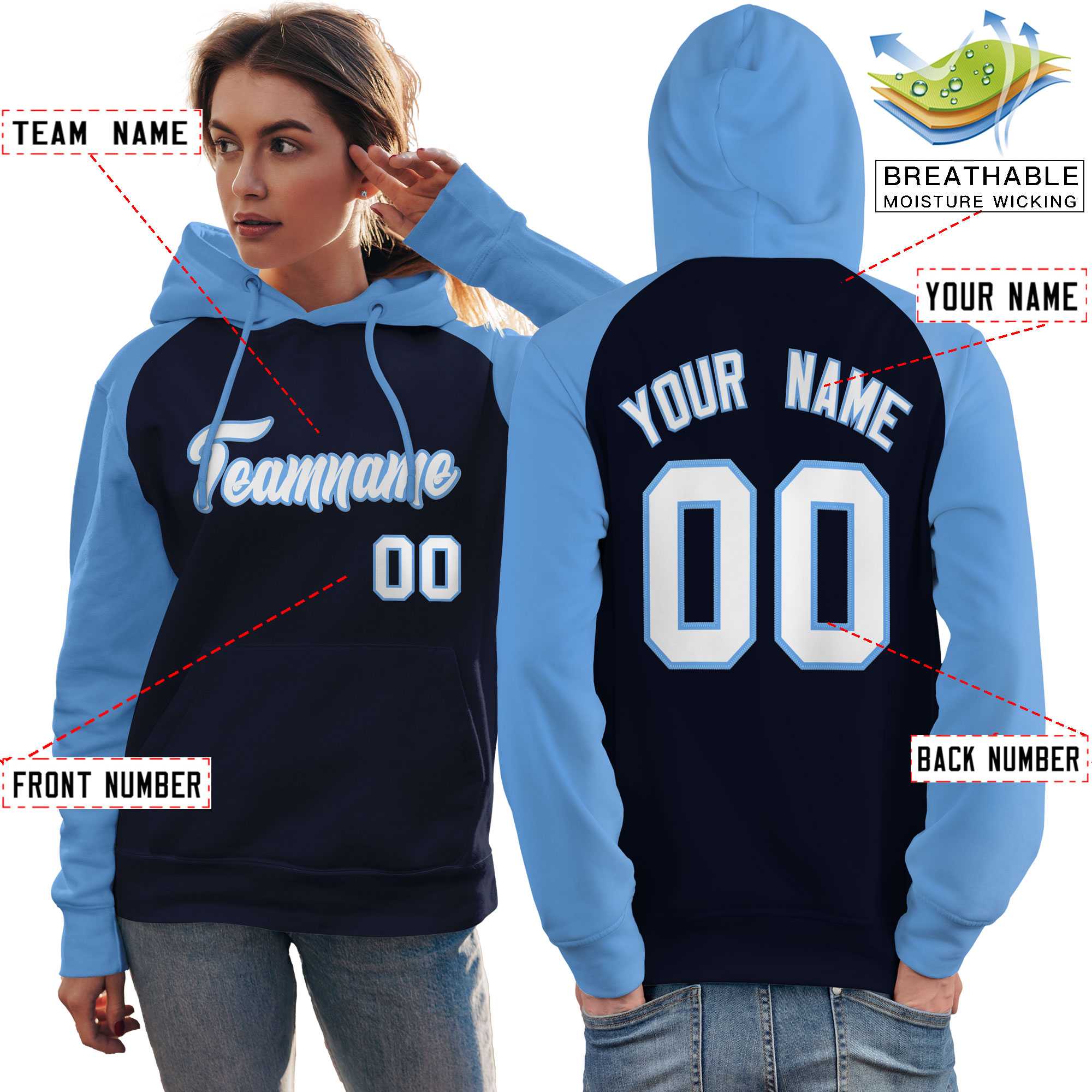 Custom Stitched Navy Powder Blue-White Raglan Sleeves Sports Pullover Sweatshirt Hoodie For Women| KXKSHOP