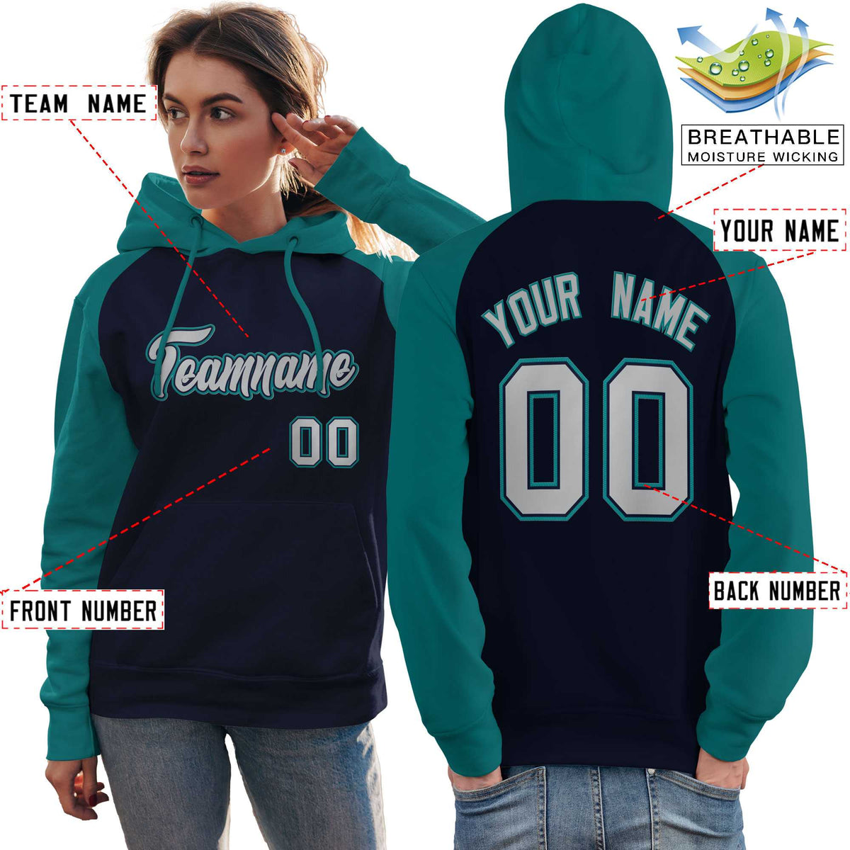 Custom Stitched Navy Aqua-Gray Raglan Sleeves Sports Pullover Sweatshirt Hoodie For Women| KXKSHOP